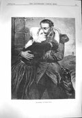 Original Old Antique Print 1870 Return Sier Home Lady Romance Dog Dubufe Art