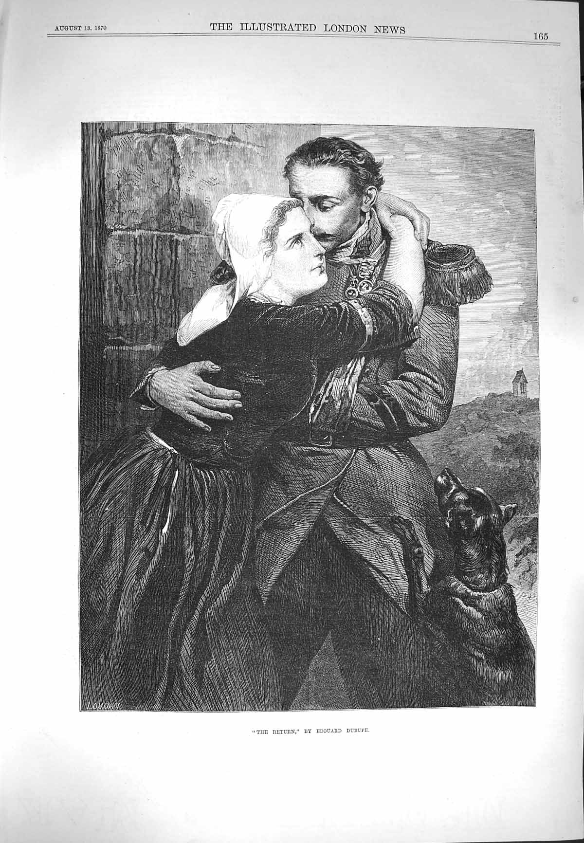 Original Old Antique Print 1870 Return Sier Home Lady Romance Dog Dubufe Art