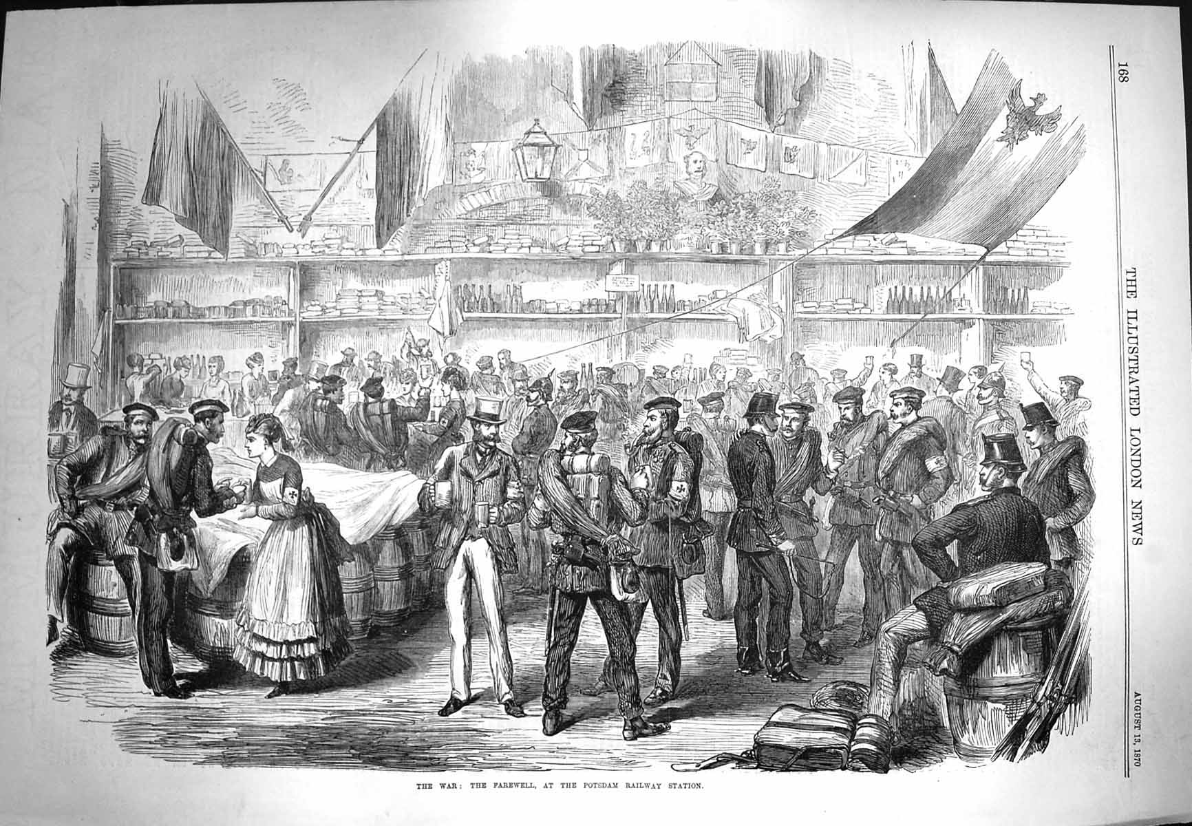 Original Old Antique Print 1870 War Farewell Potsdam Railway Station Siers 19th