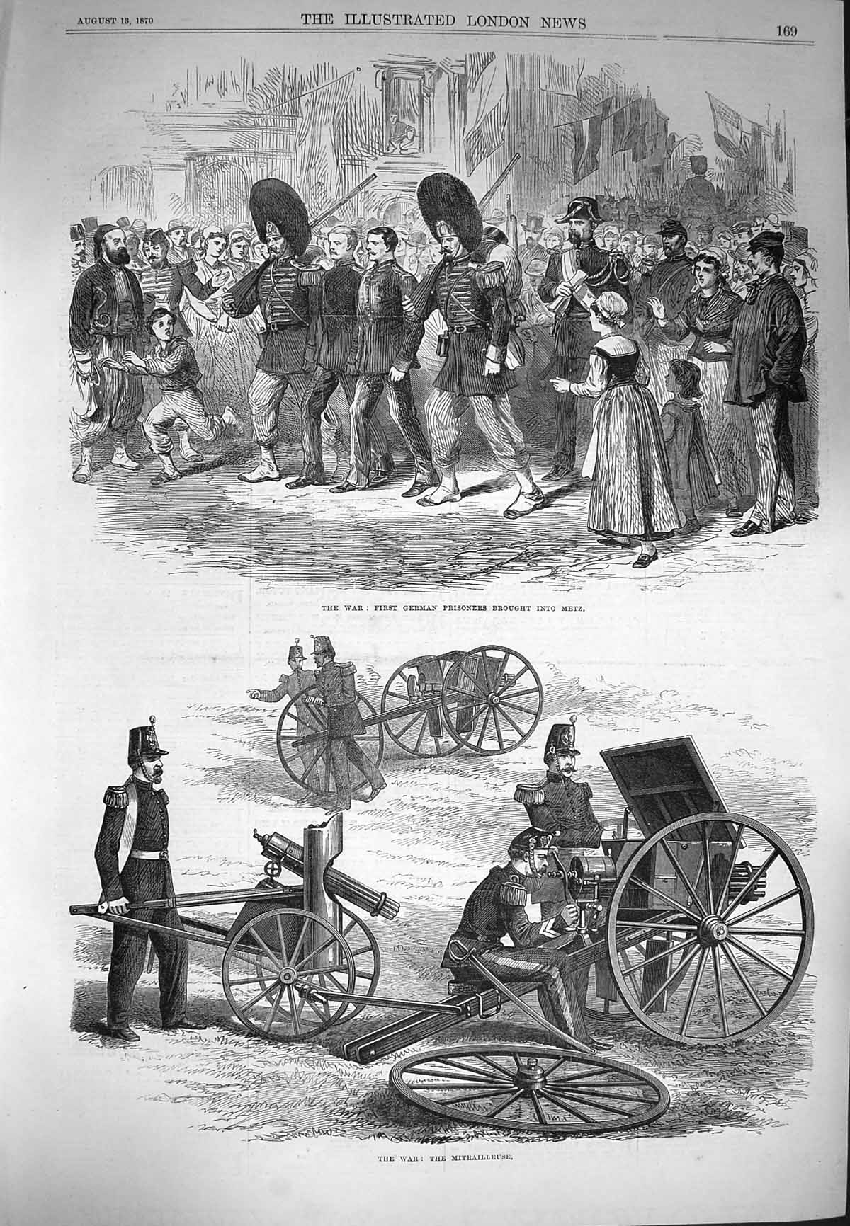 Original Old Antique Print 1870 War German Prisoners Metz Siers Mitrailleuse