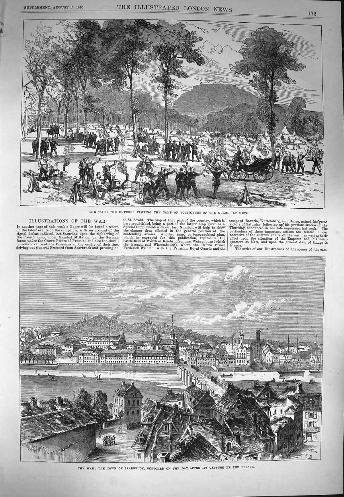 Old Antique Print 1870 War Emperor Voltigeurs Metz Saarbruck Weissenburg 19th