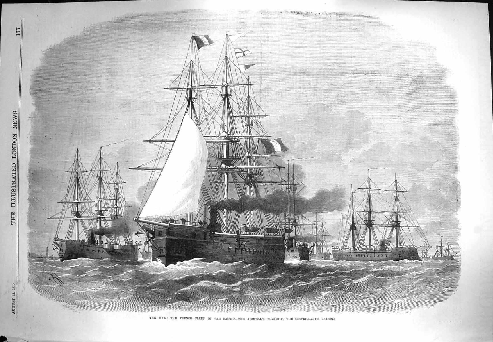 Old Antique Print 1870 War French Fleet Ships Baltic Serveillante Admiral 19th