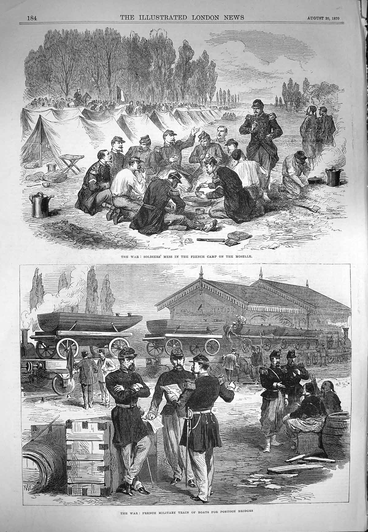 Original Old Antique Print 1870 War Siers Mess Camp Moselle French Train 19th