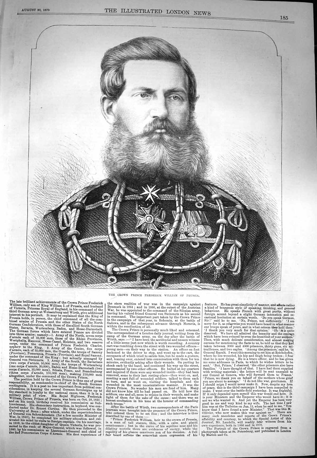 Antique Old Print *3953 1870 Portrait Crown Prince Frederick William Prussia
