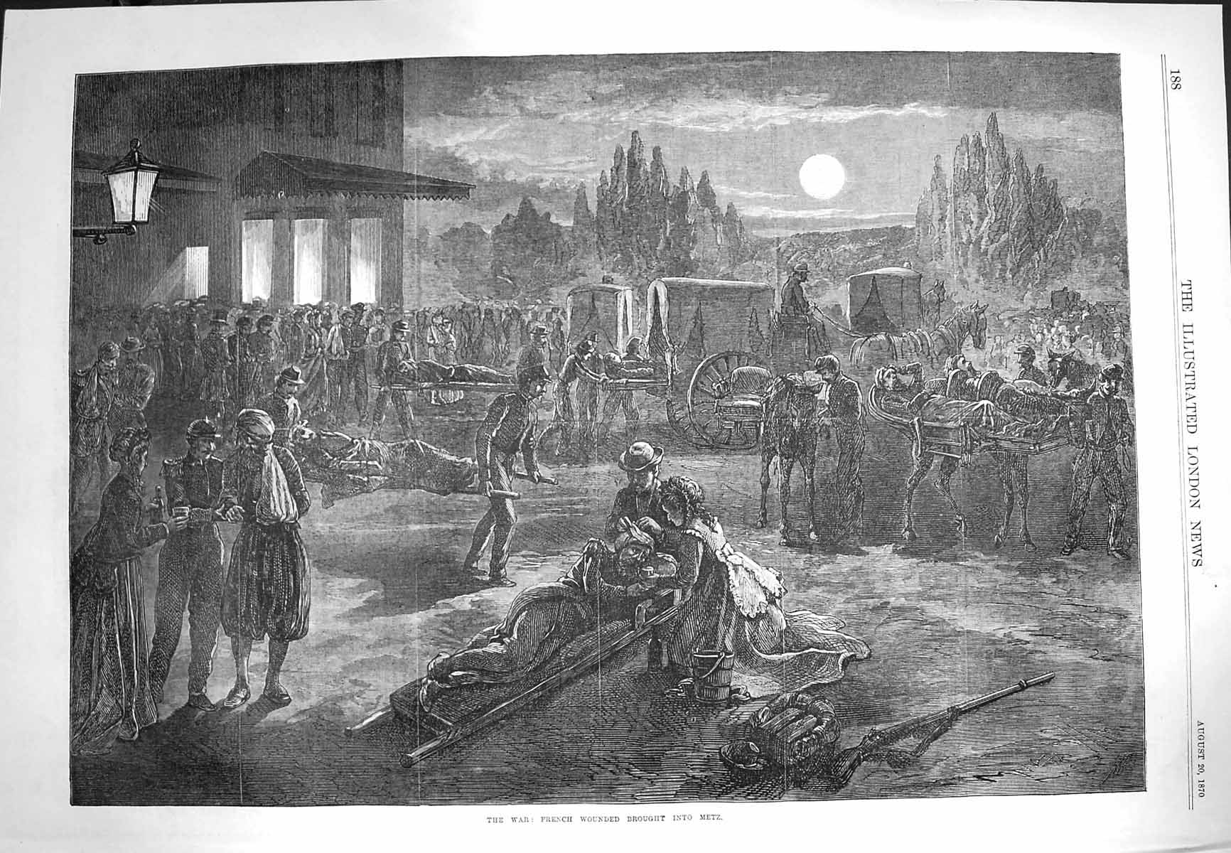 Original Old Antique Print 1870 War French Wounded Siers Metz Ambulance 19th