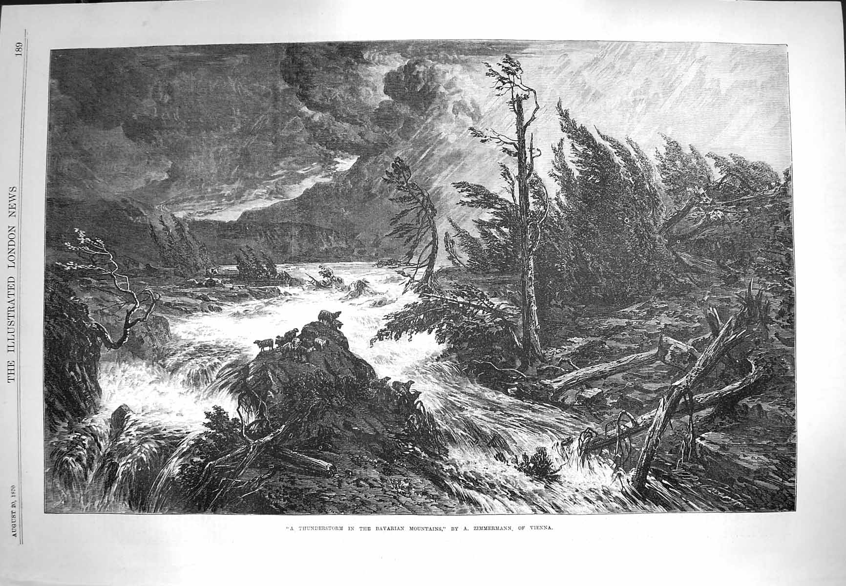 Original Old Antique Print 1870 Thunderstorm Scene Bavarian Mountains River