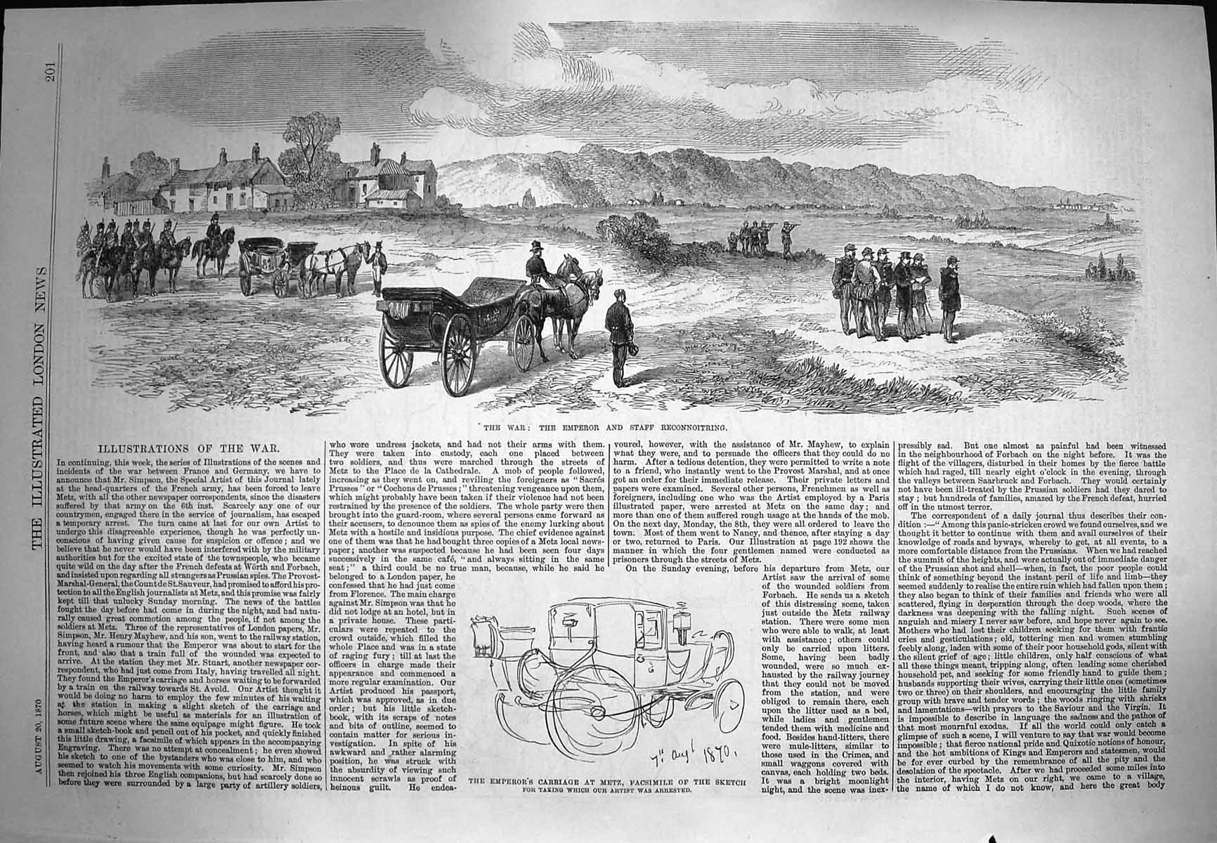 Old Antique Print 1870 War Emperor Staff Reconnoitring Carriage Metz Map 19th