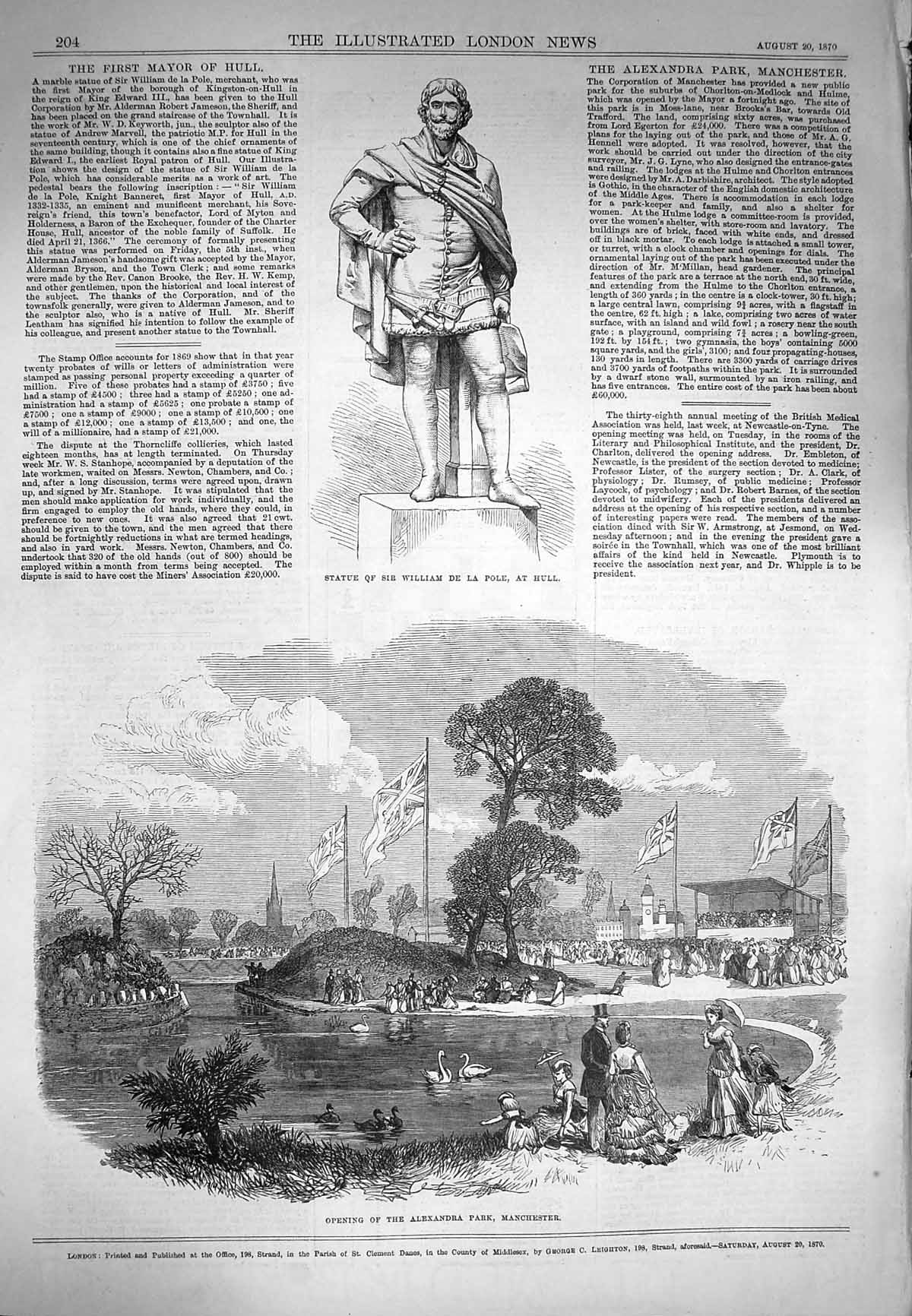Antique Print *3952 1870 Statue William Pole Hull Alexandra Park Manchester
