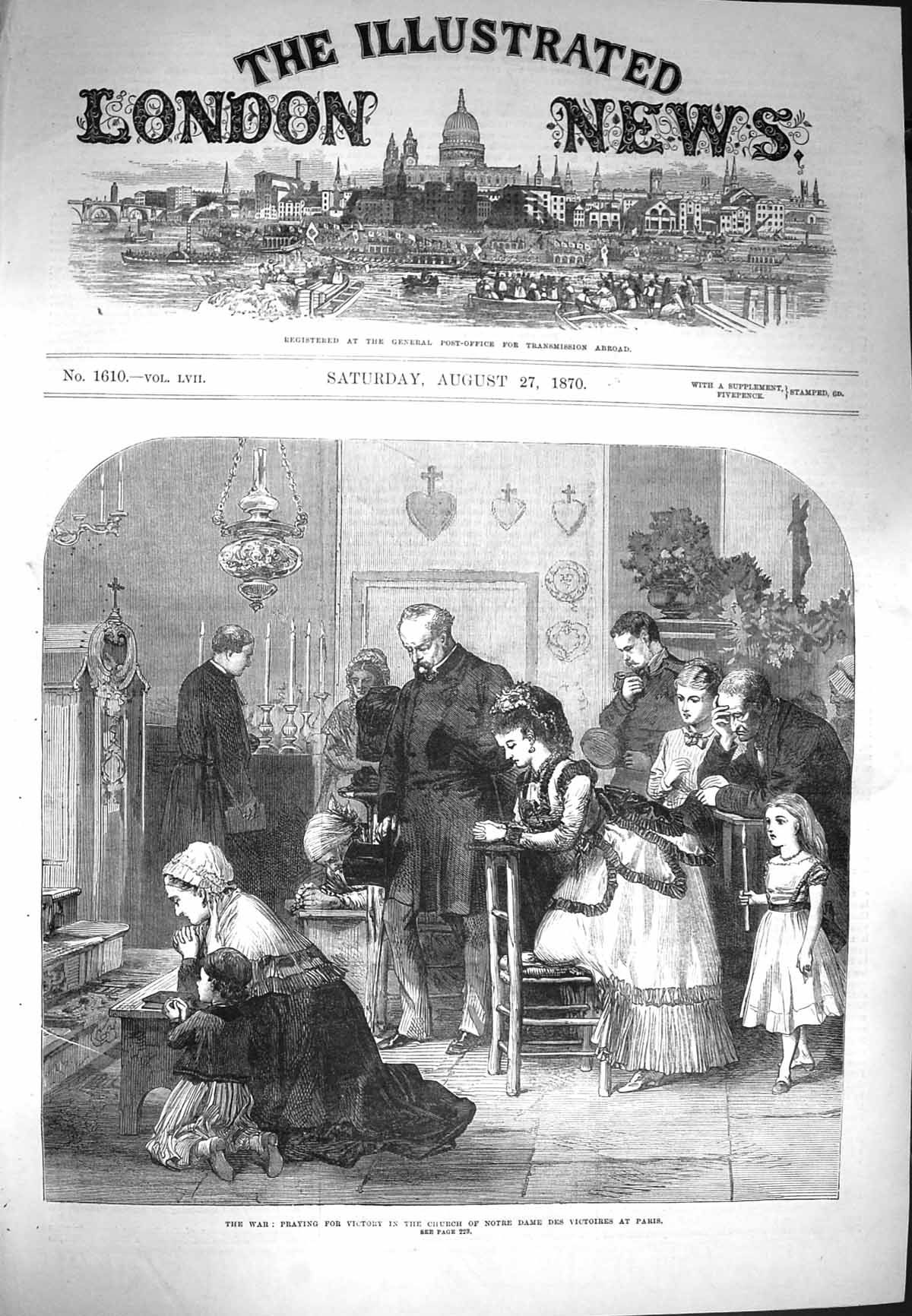 Original Old Antique Print 1870 War Praying Church Notre Dame Victoires Paris