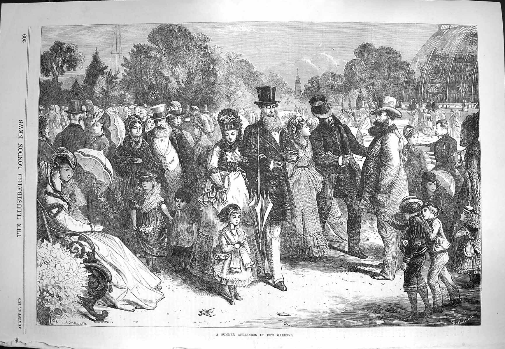 Original Old Antique Print 1870 Summer Afternoon Scene Kew Gardens Victorian
