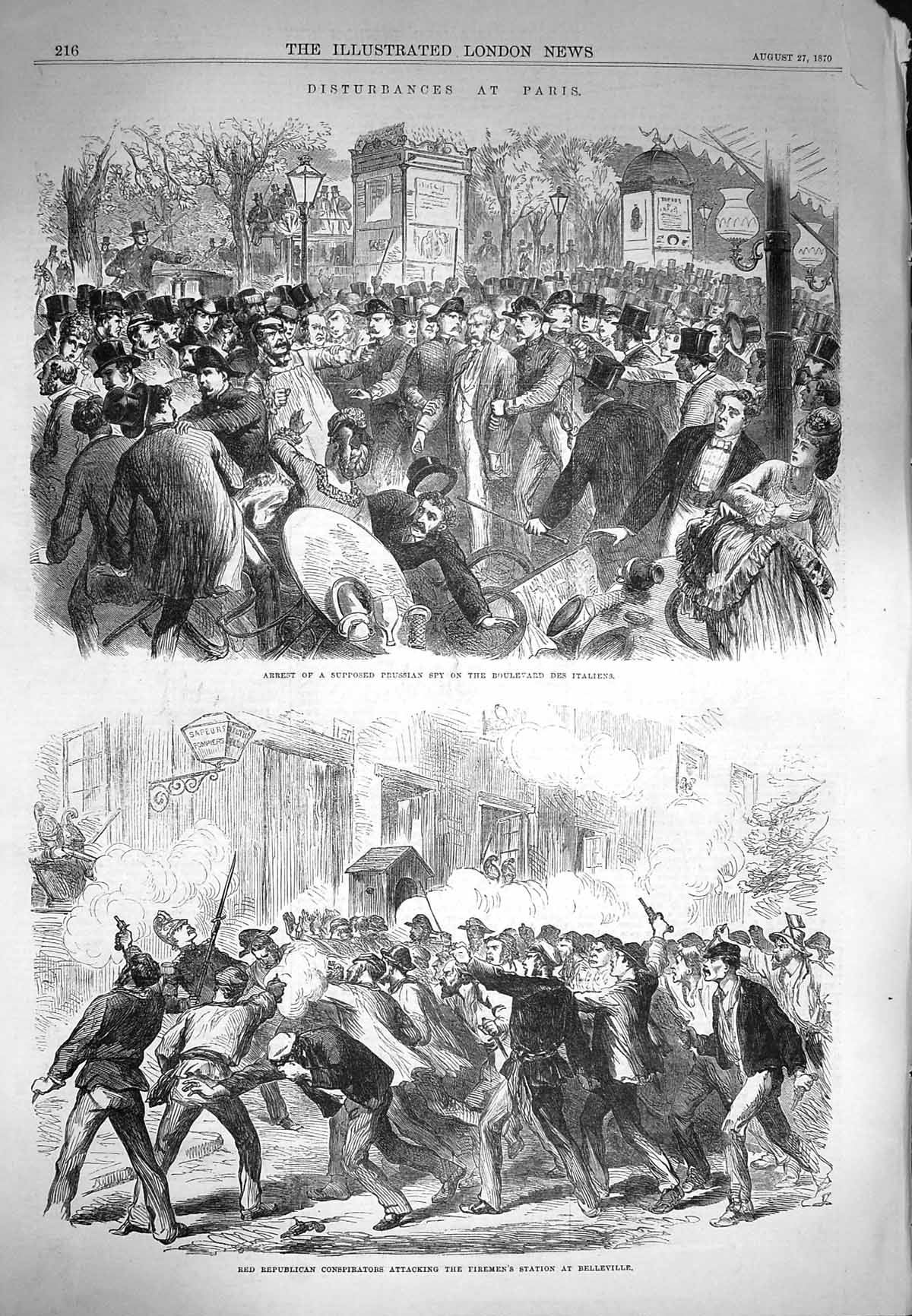 Old Antique Print 1870 Red Republican Firemen Station Belleville Italiens 19th