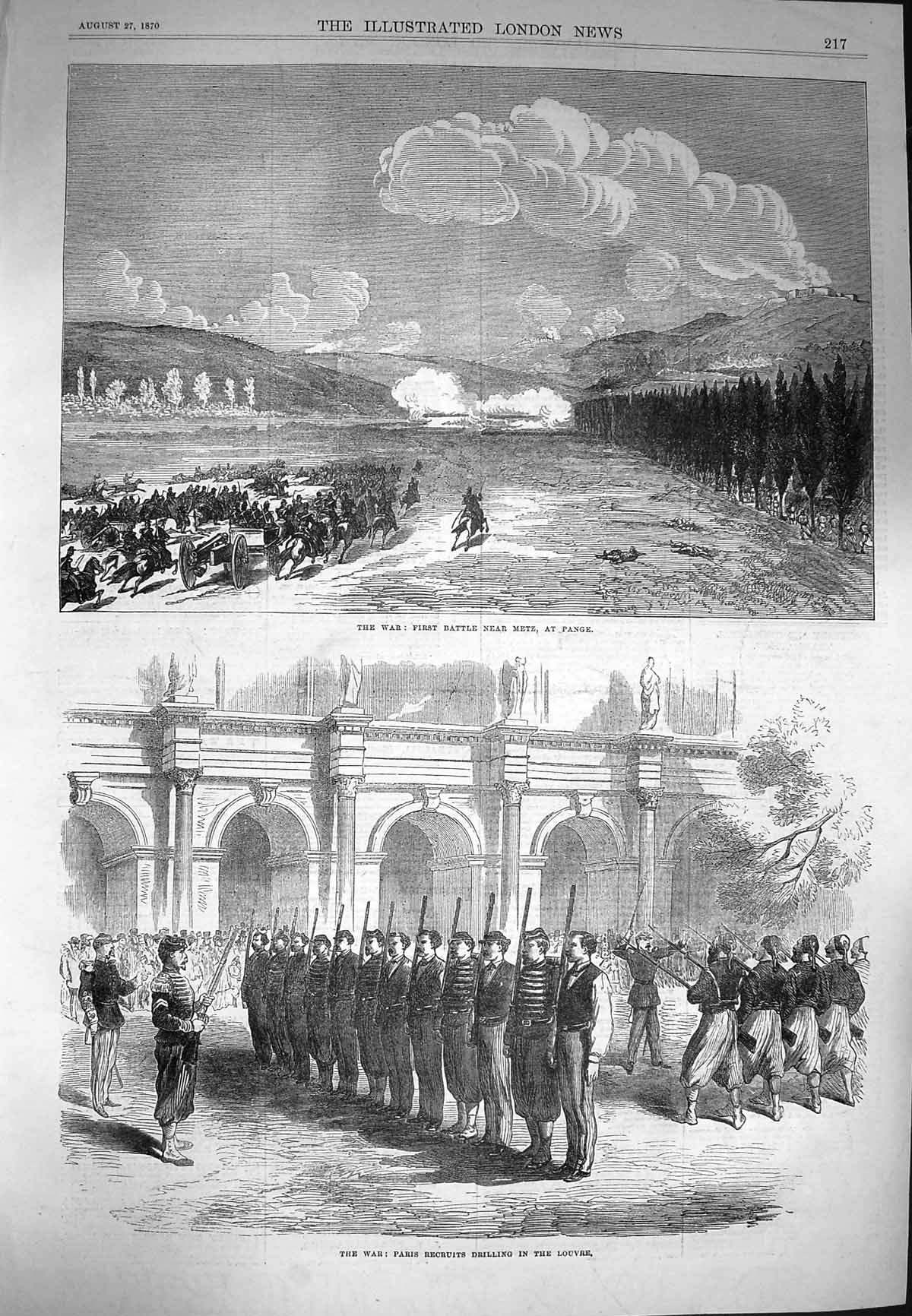 Old Antique Print 1870 War Battle Metz Pange Paris Recruits Louvre Drill 19th