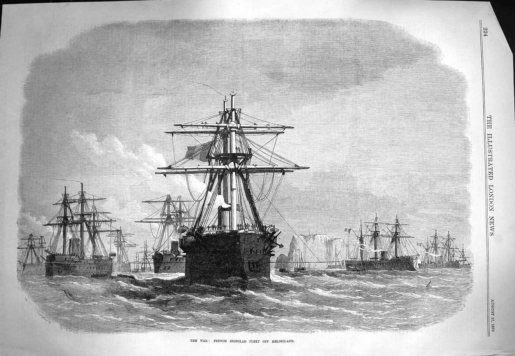 Original Old Antique Print 1870 War French Ironclad Fleet Ships Heligoland 19th