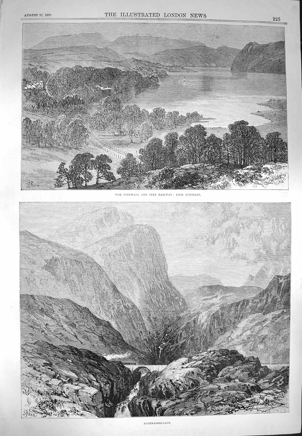 Original Old Antique Print 1870 Dingwall Skye Railway Loch Luichart Auchnas 19th