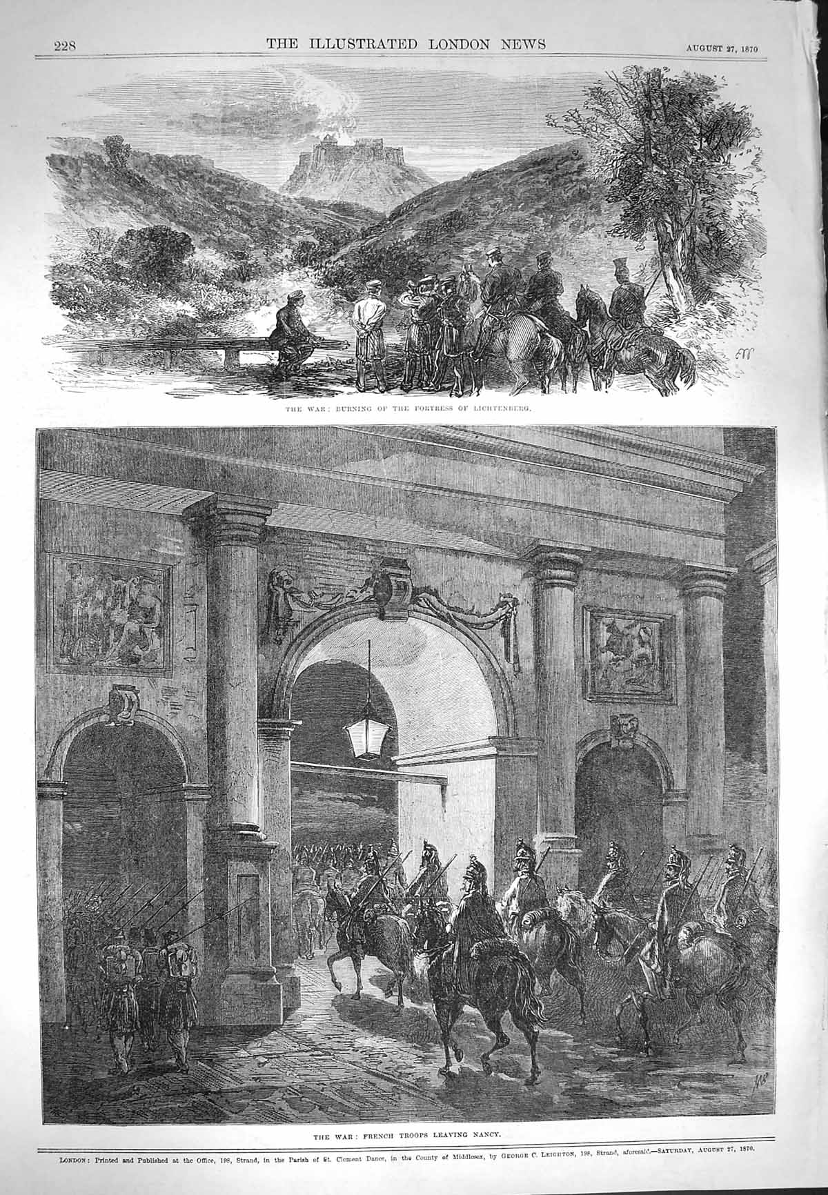 Original Old Antique Print 1870 War Burning Fortress Lichtenberg Siers Nancy