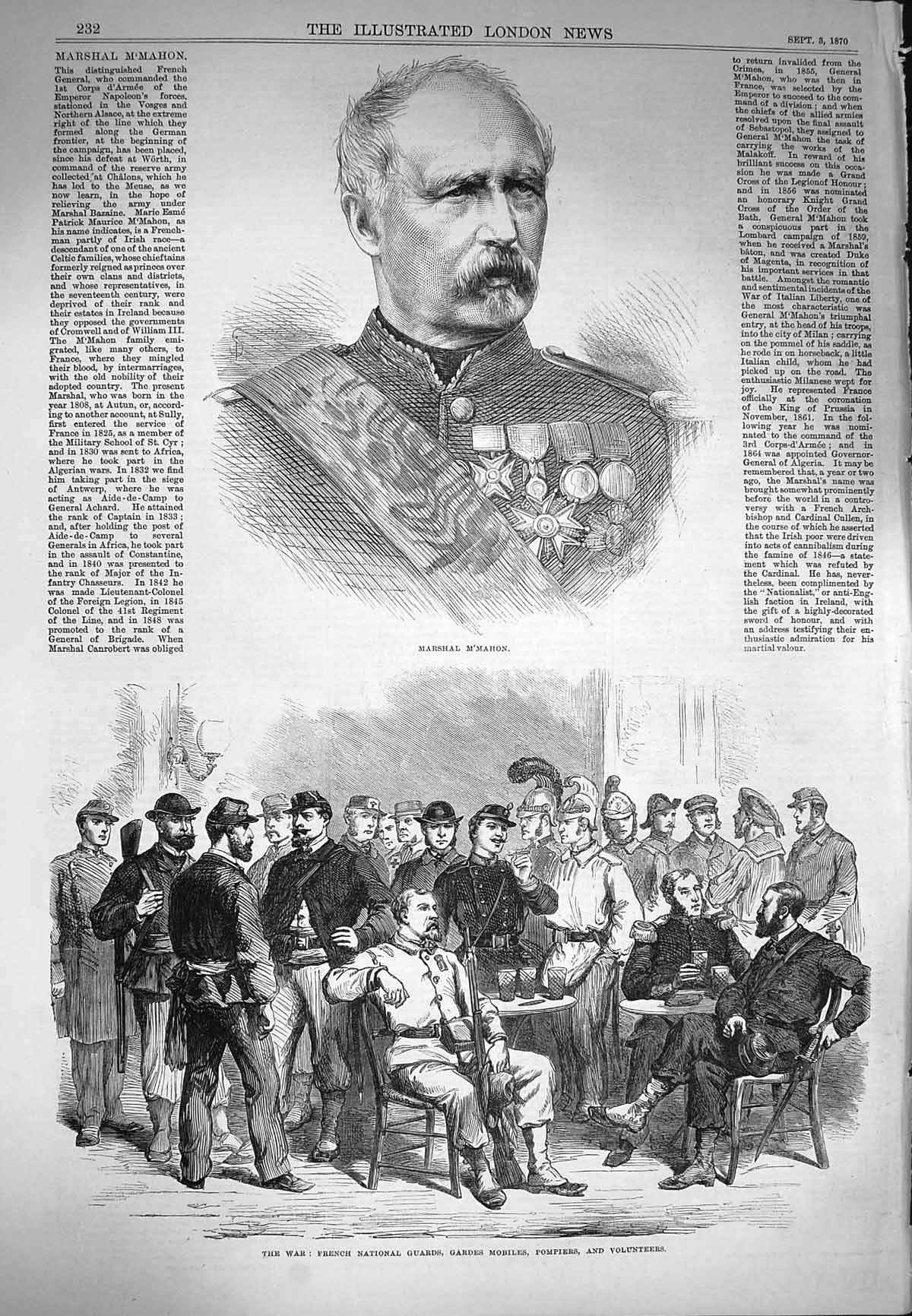 Original Old Antique Print 1870 Marshal M'Mahon French National Guards P 19th