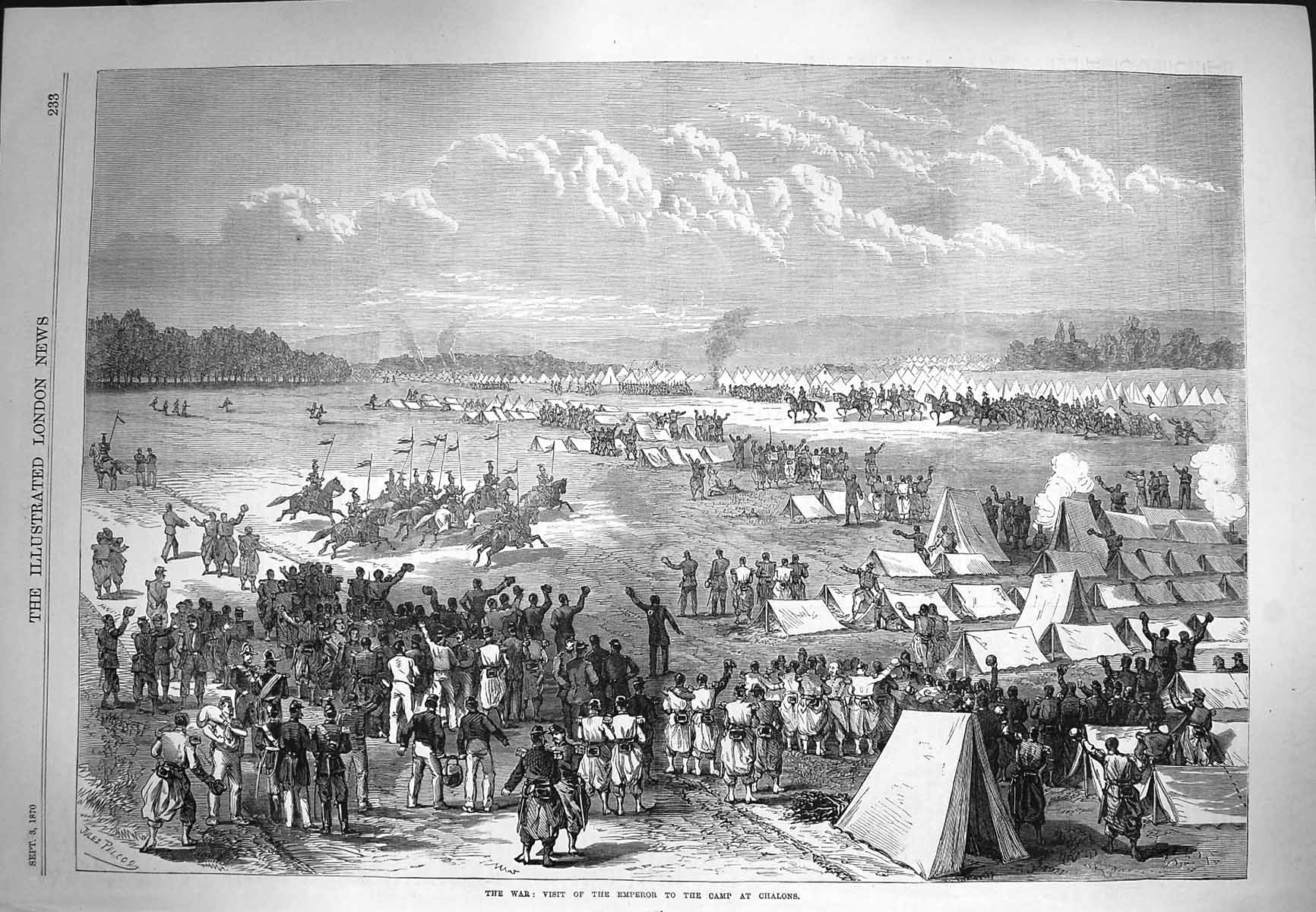 Original Old Antique Print 1870 War Visit Emperor Camp Chalons Siers Horses