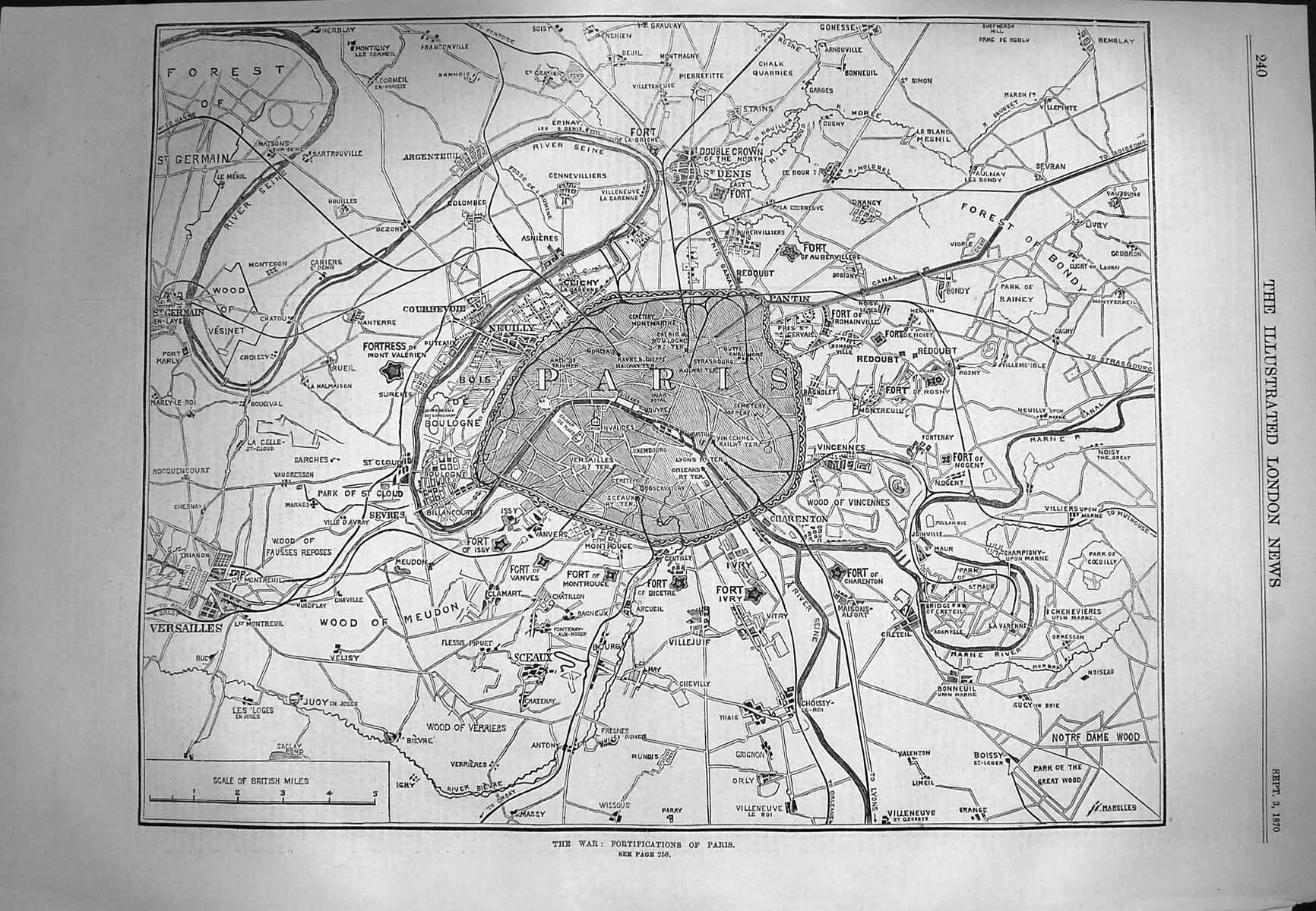 Original Old Antique Print 1870 War Map Fortifications Paris France Vincennes