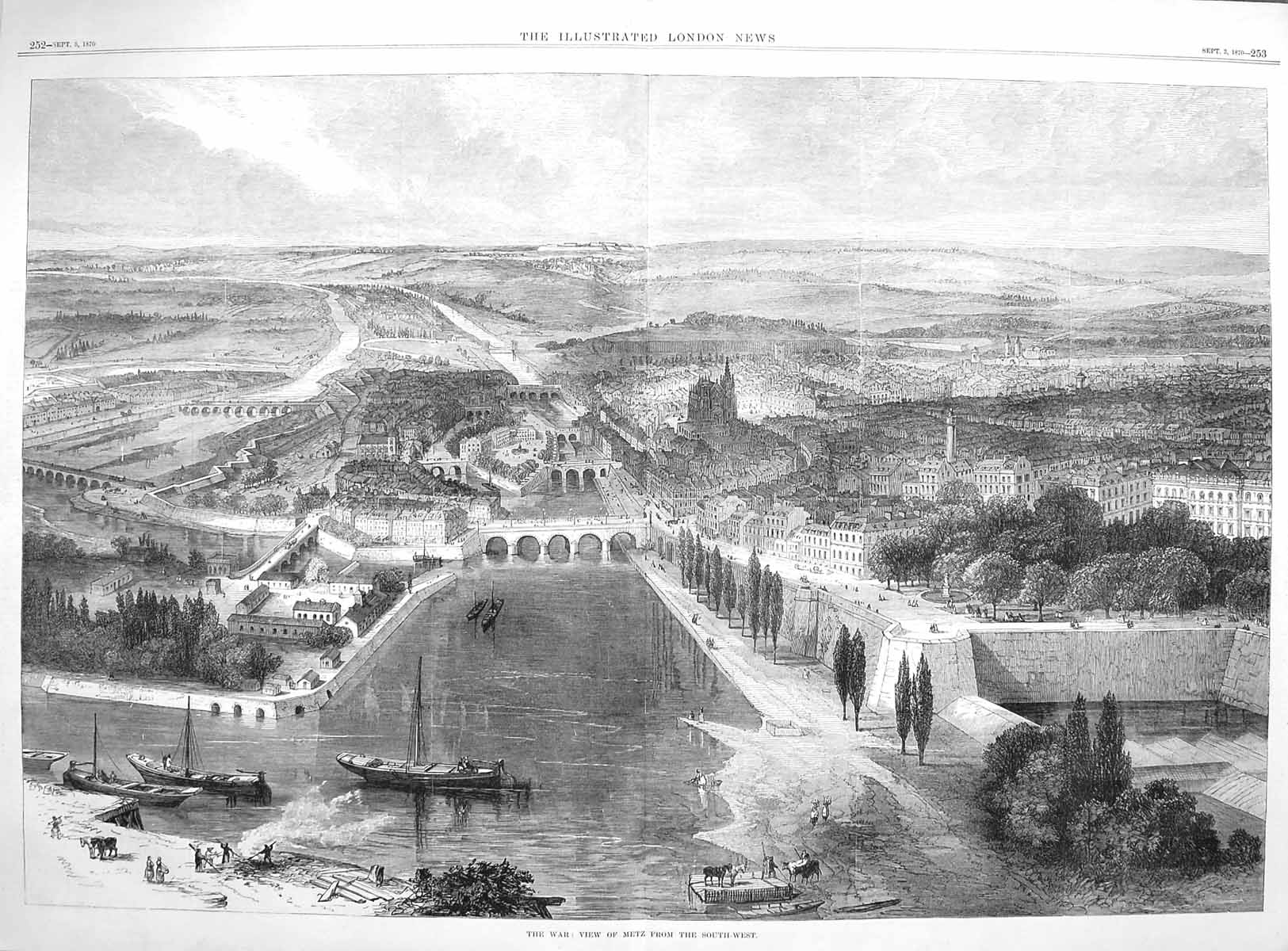 Original Old Antique Print 1870 War View Metz River Bridge Town Boats Fine Art