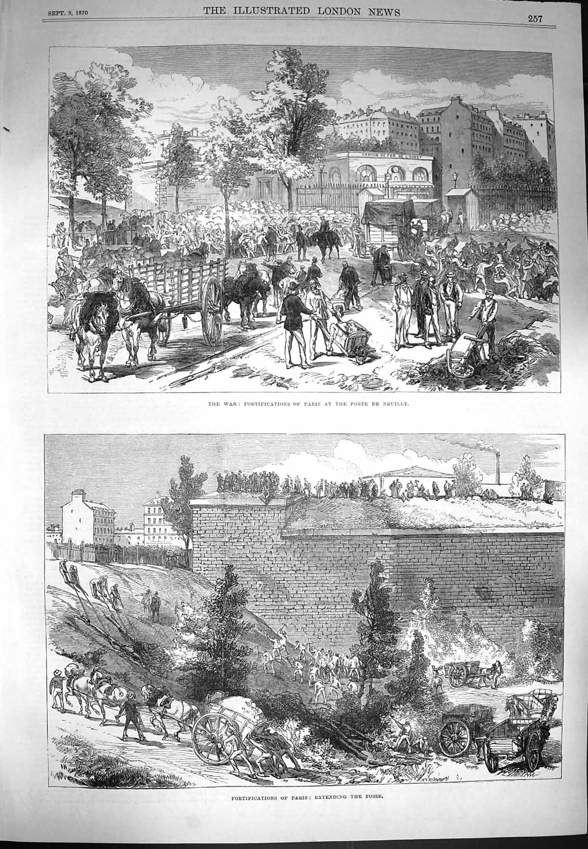 Old Antique Print 1870 Fortifications Paris Porte Neuilly Extending Fosse 19th