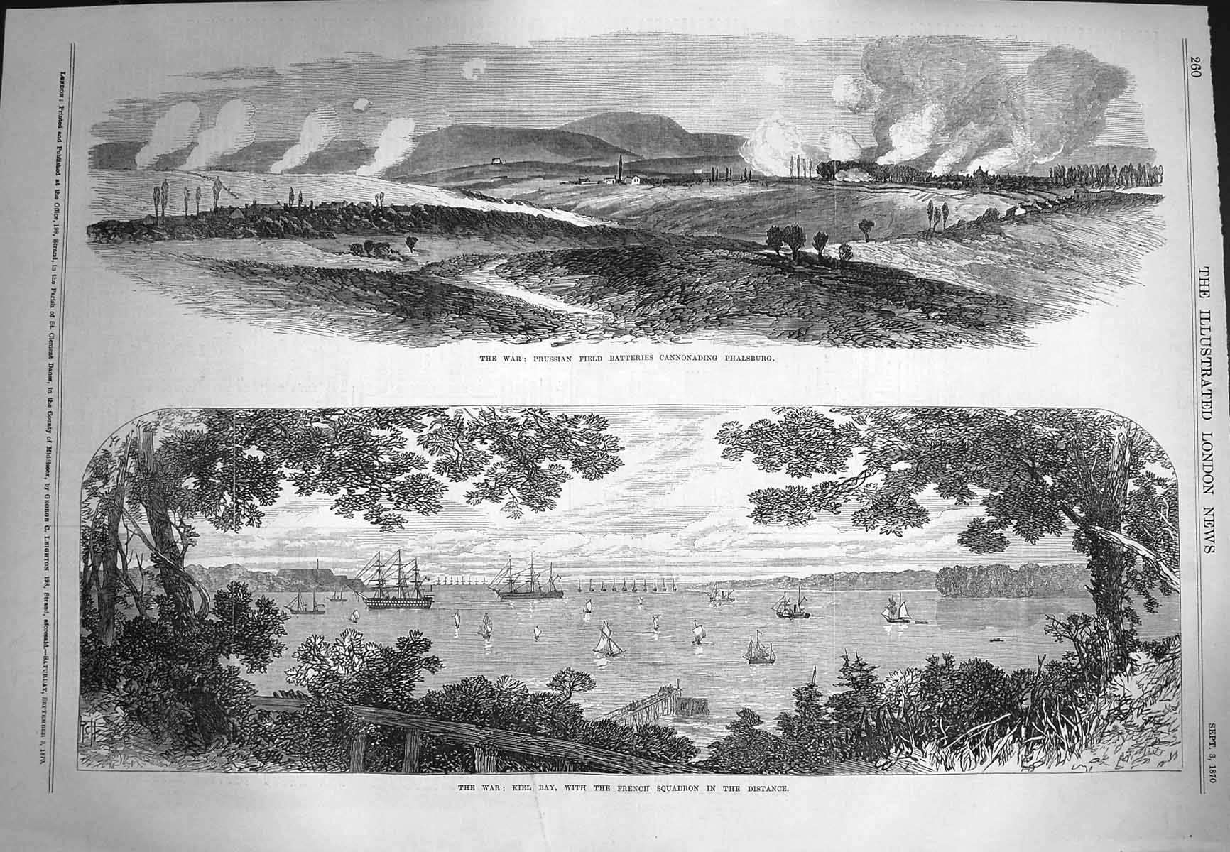 Old Antique Print 1870 Prussian Field Battery Phalsburg Kiel French Ships 19th