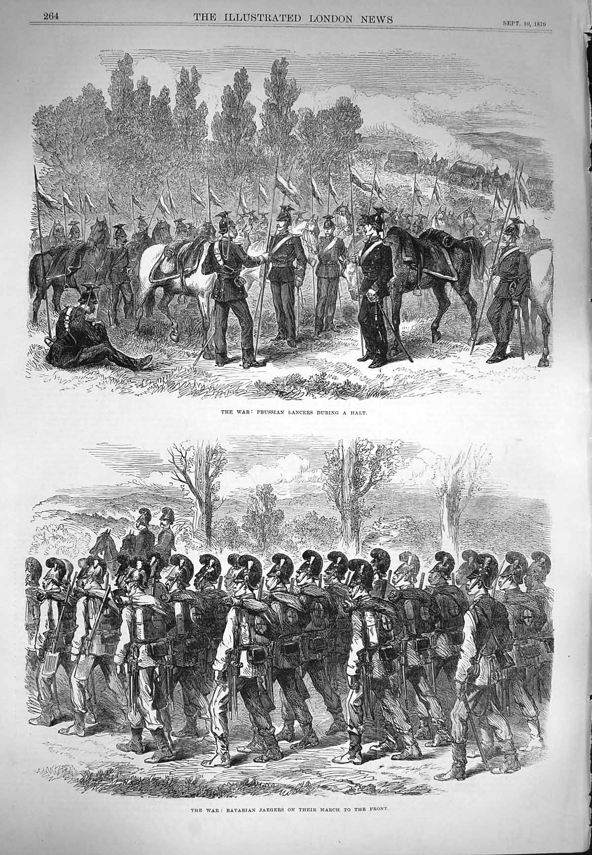 Original Old Antique Print 1870 Prussian Lancers War Bavarian Jaegers Marching