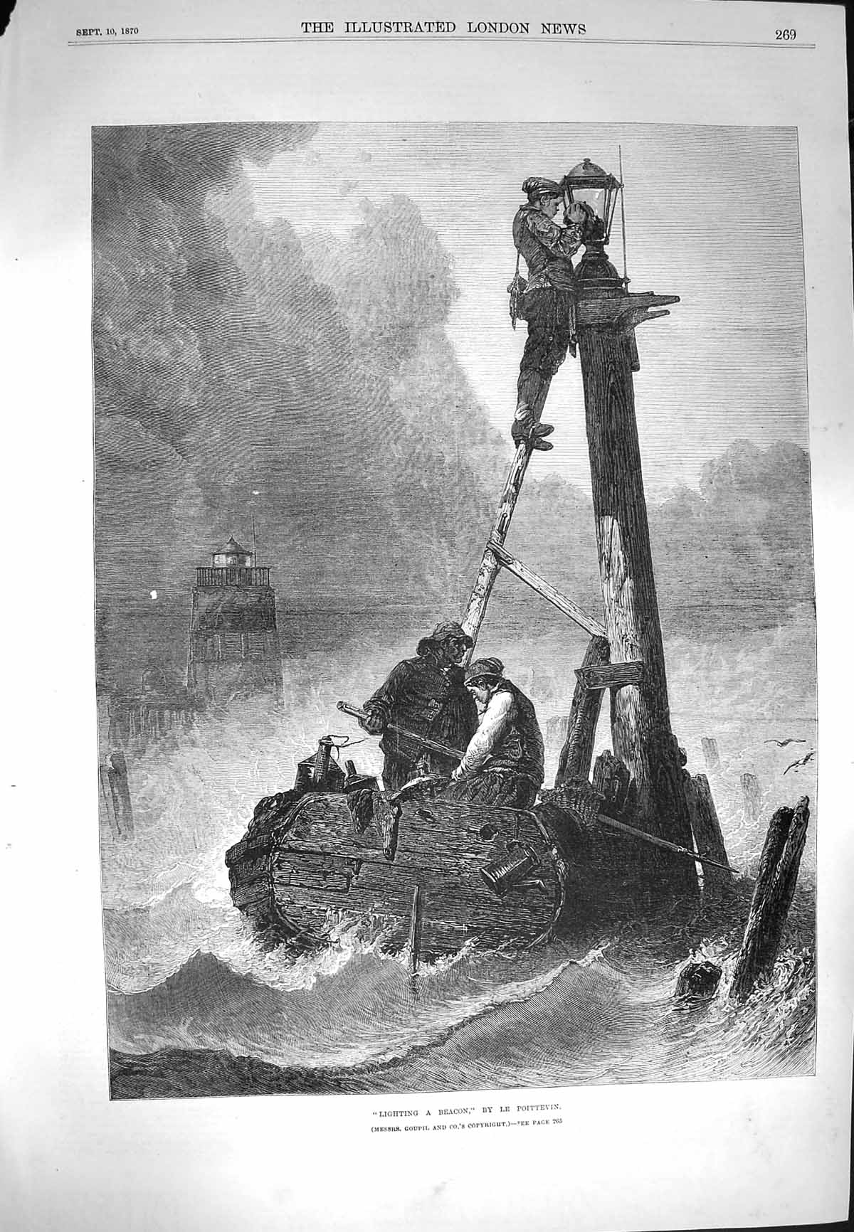 Original Old Antique Print 1870 Sea Scene Lighting Beacon Poittevin Victorian