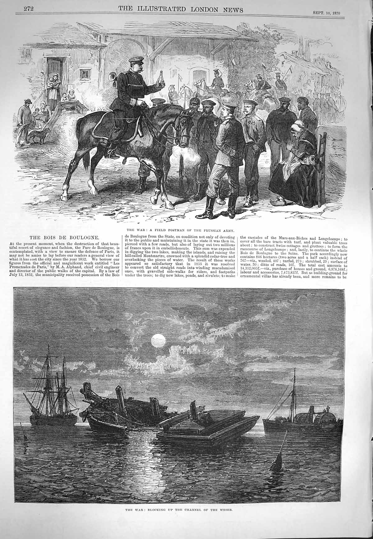 Old Antique Print 1870 War Field Postman Prussian Army Channel Weser Boat 19th