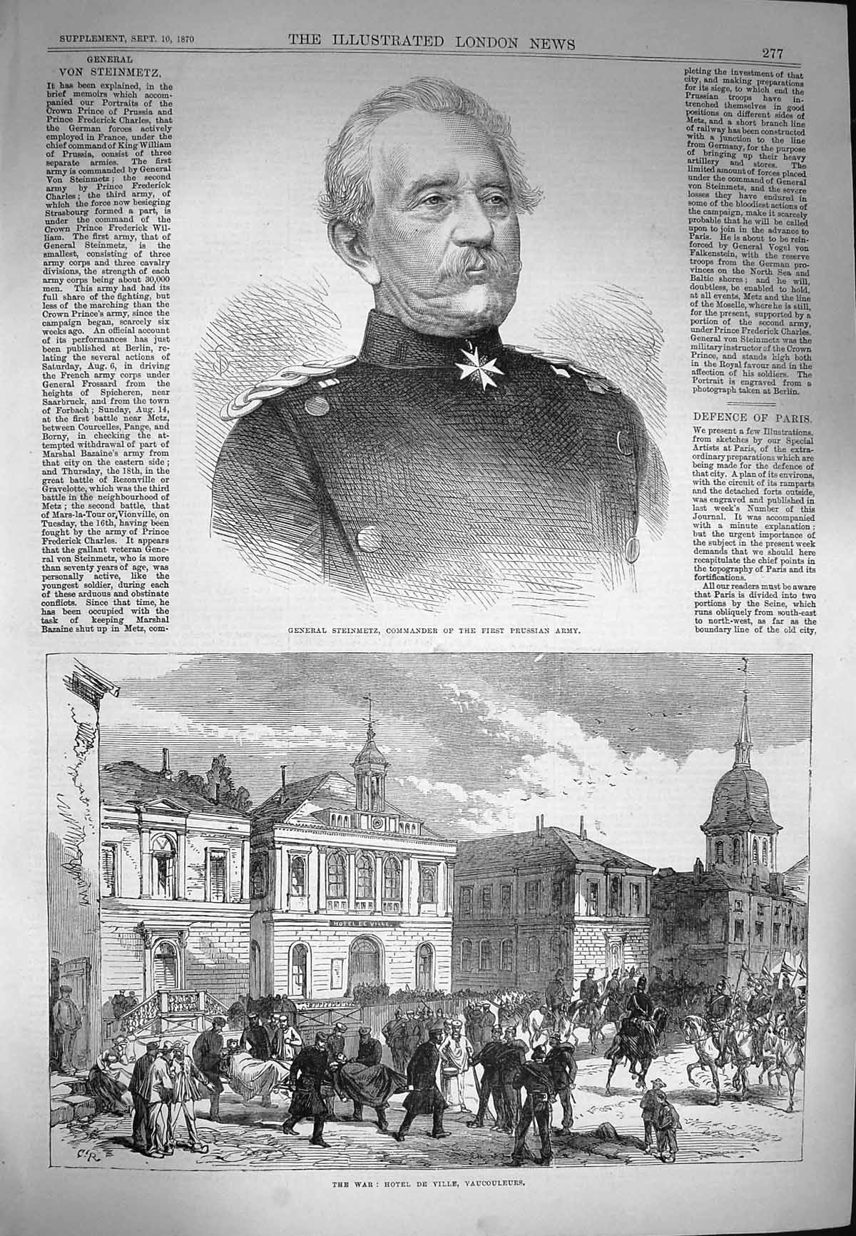 Antique Print *3951 1870 General Steinmetz Prussian Army Hotel Vaucouleurs