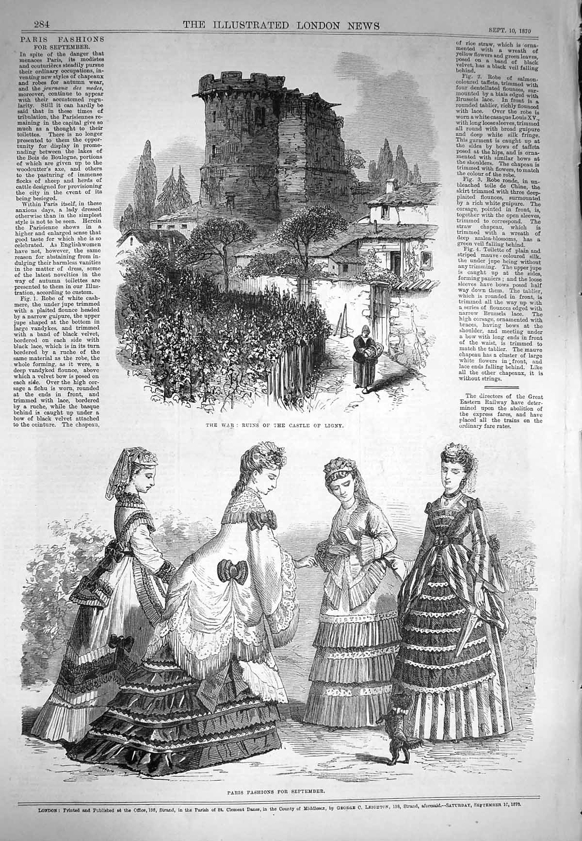 Original Old Antique Print 1870 War Ruins Castle Ligny Paris Fashion December