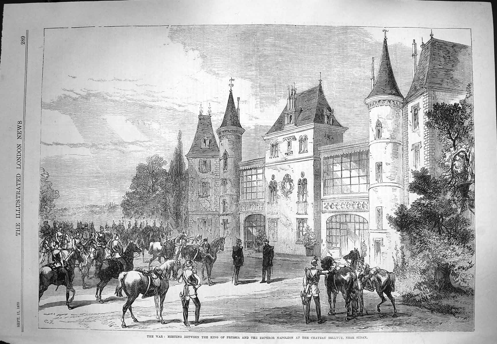 Original Old Antique Print 1870 War Meeting King Prussia Emperor Napoleon Sedan