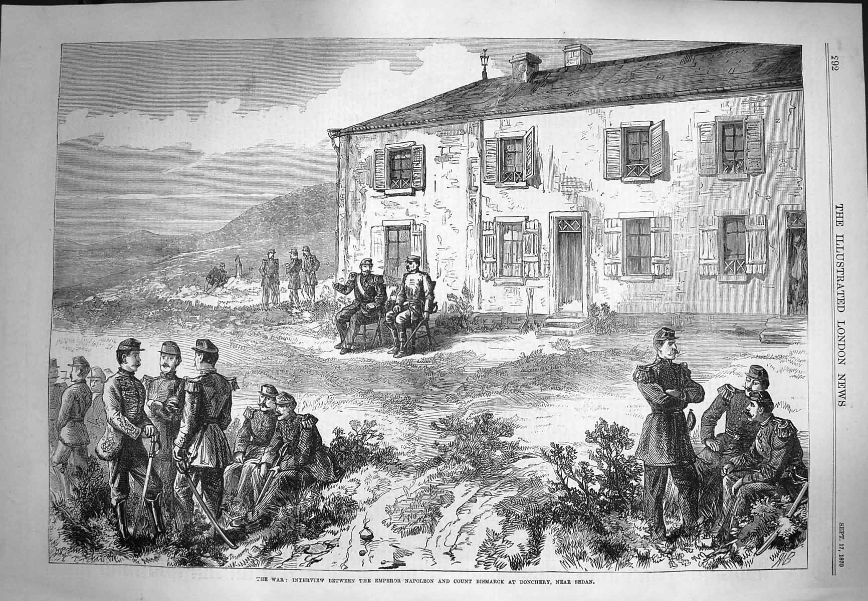 Original Old Antique Print 1870 War Emperor Napoleon Count Bismarck Donchery