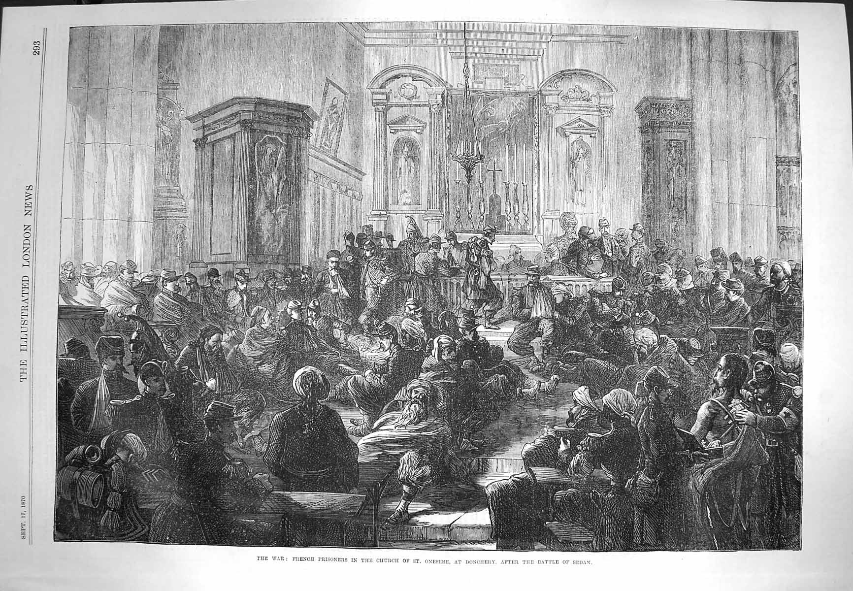 Original Old Antique Print 1870 War French Prisoners Church Onesime Donchery