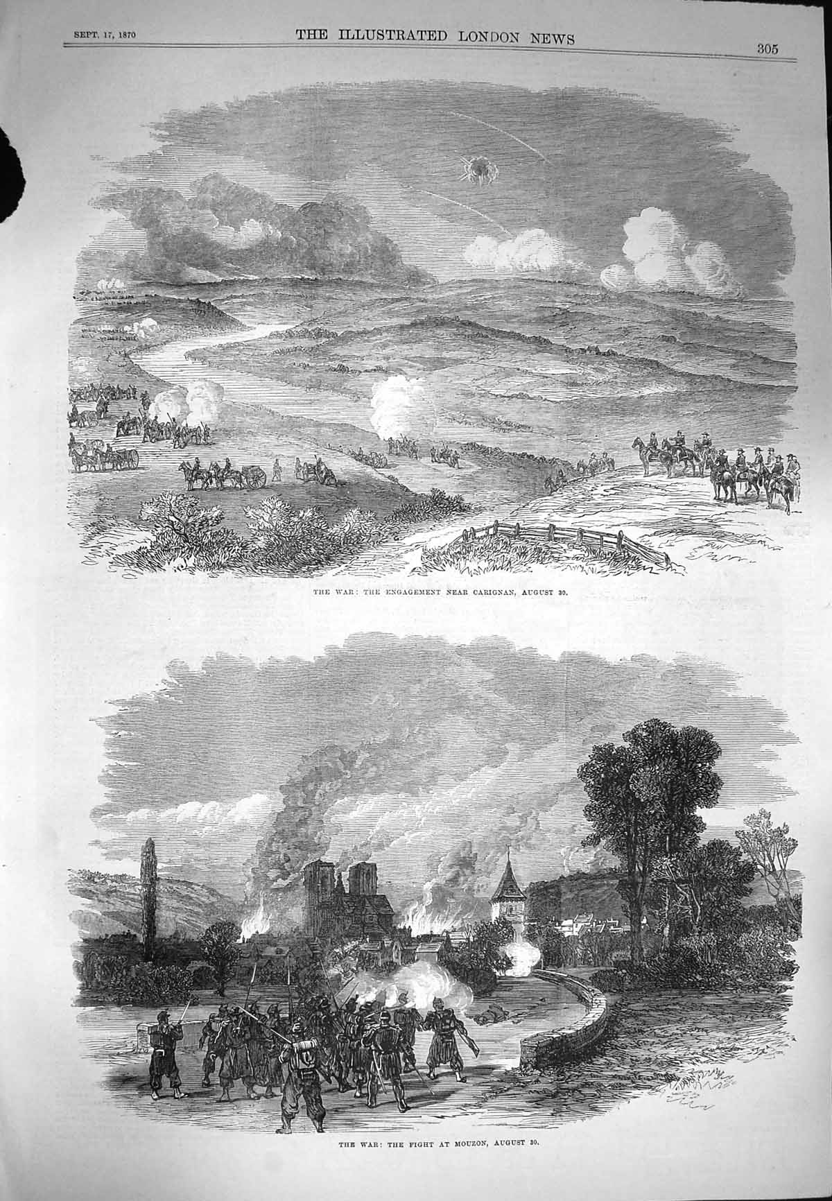 Original Old Antique Print 1870 War Battle Carignan Fight Mouzon Siers Horses