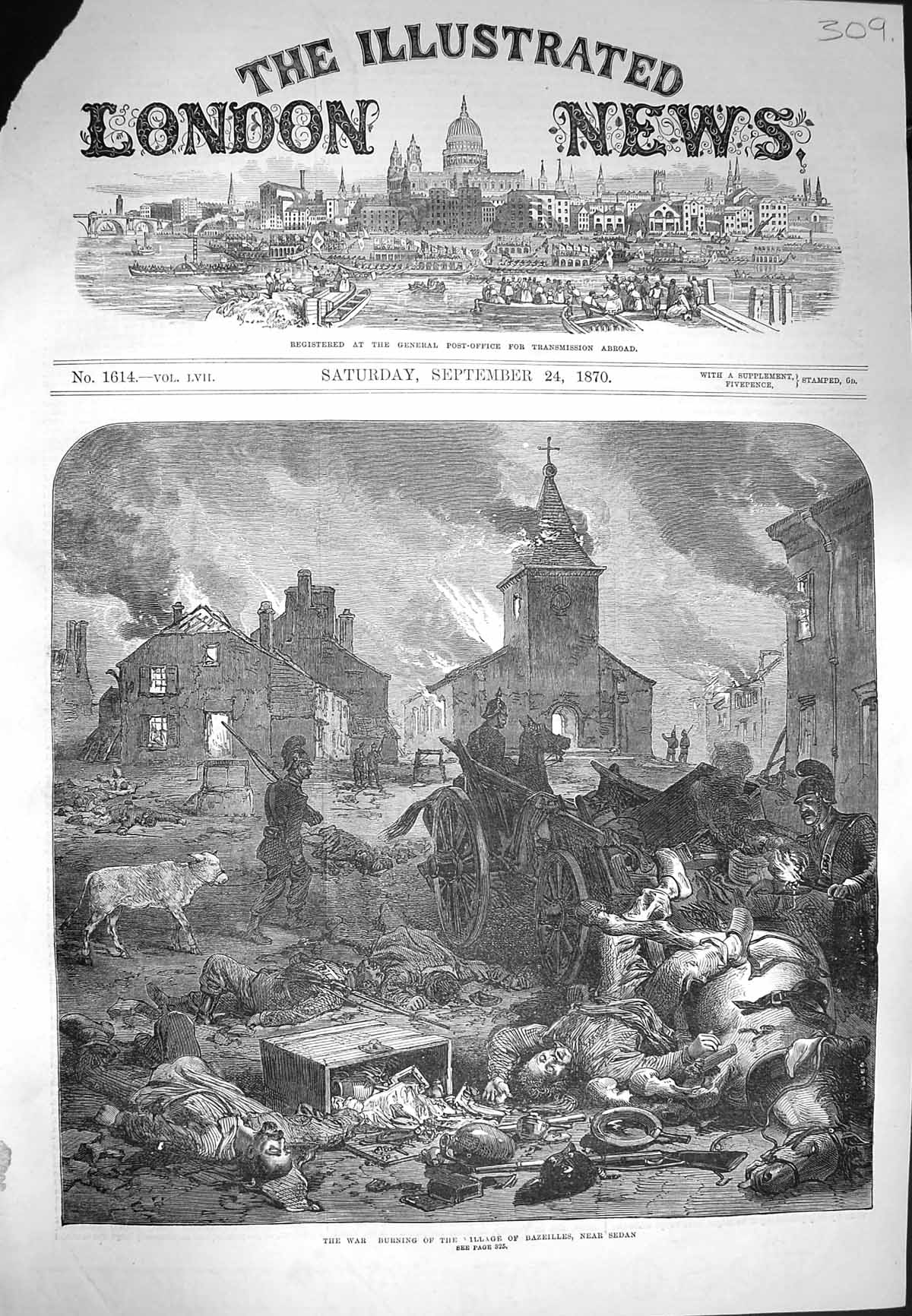Original Old Antique Print 1870 War Burning Village Bazeilles Sedan Siers Horse