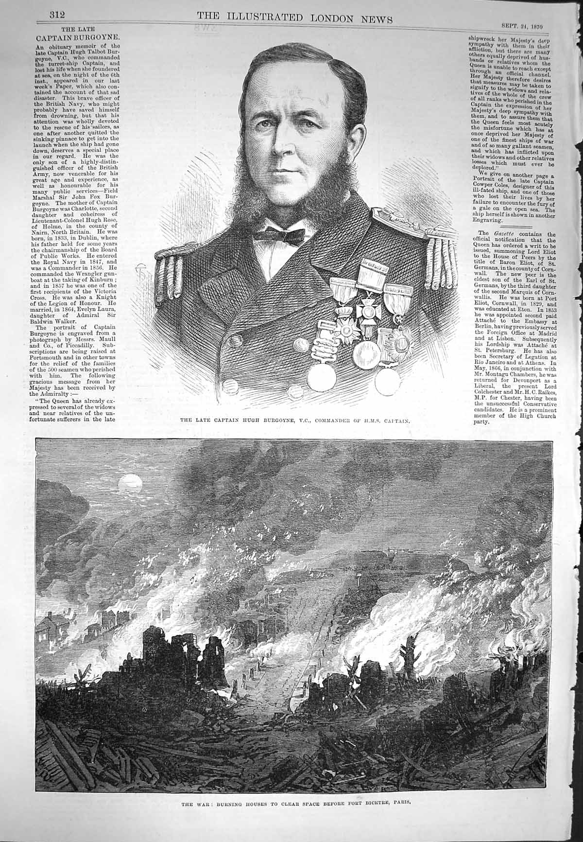 Original Old Antique Print 1870 Captain Hugh Burgoyne War Fort Bicetre Paris