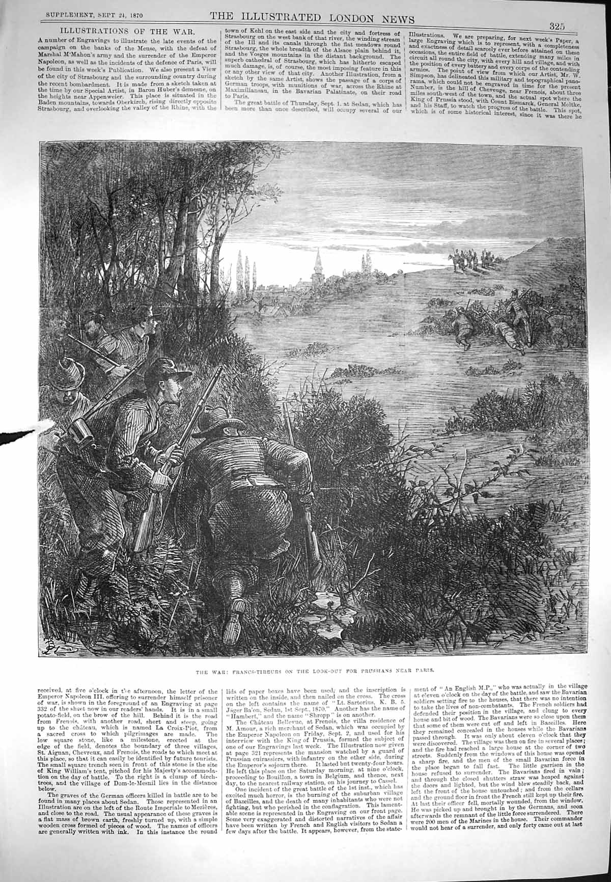 Original Old Antique Print 1870 War French-Tireurs Look-Out Prussian Siers 19th