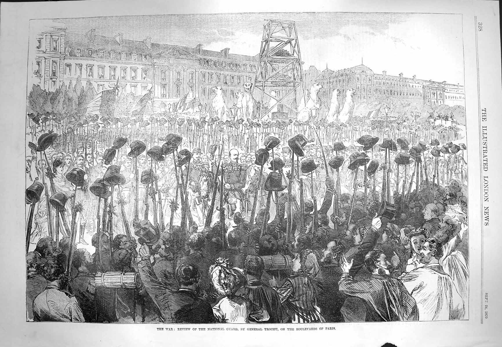 Original Old Antique Print 1870 War Review National Guard General Trochu Paris