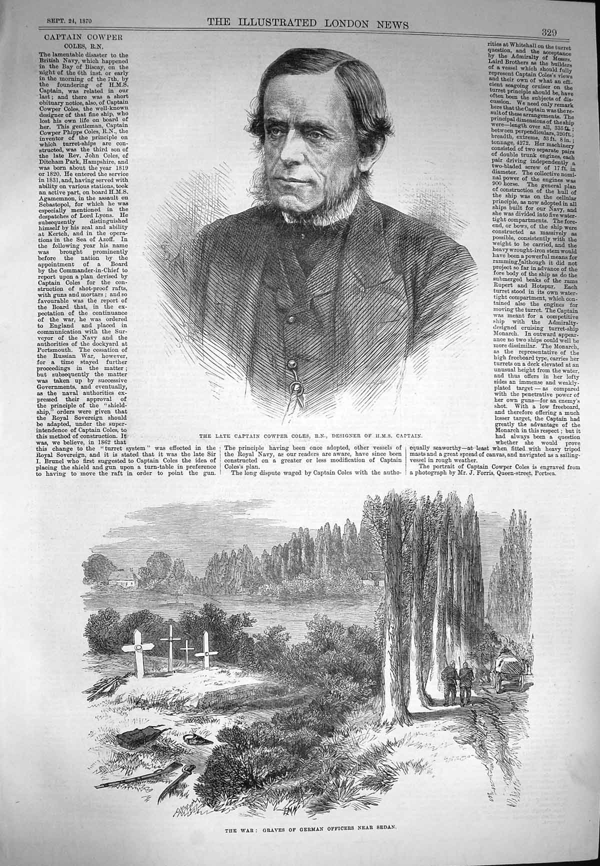 Original Old Antique Print 1870 Captain Cowper Coles War Graves German Sedan