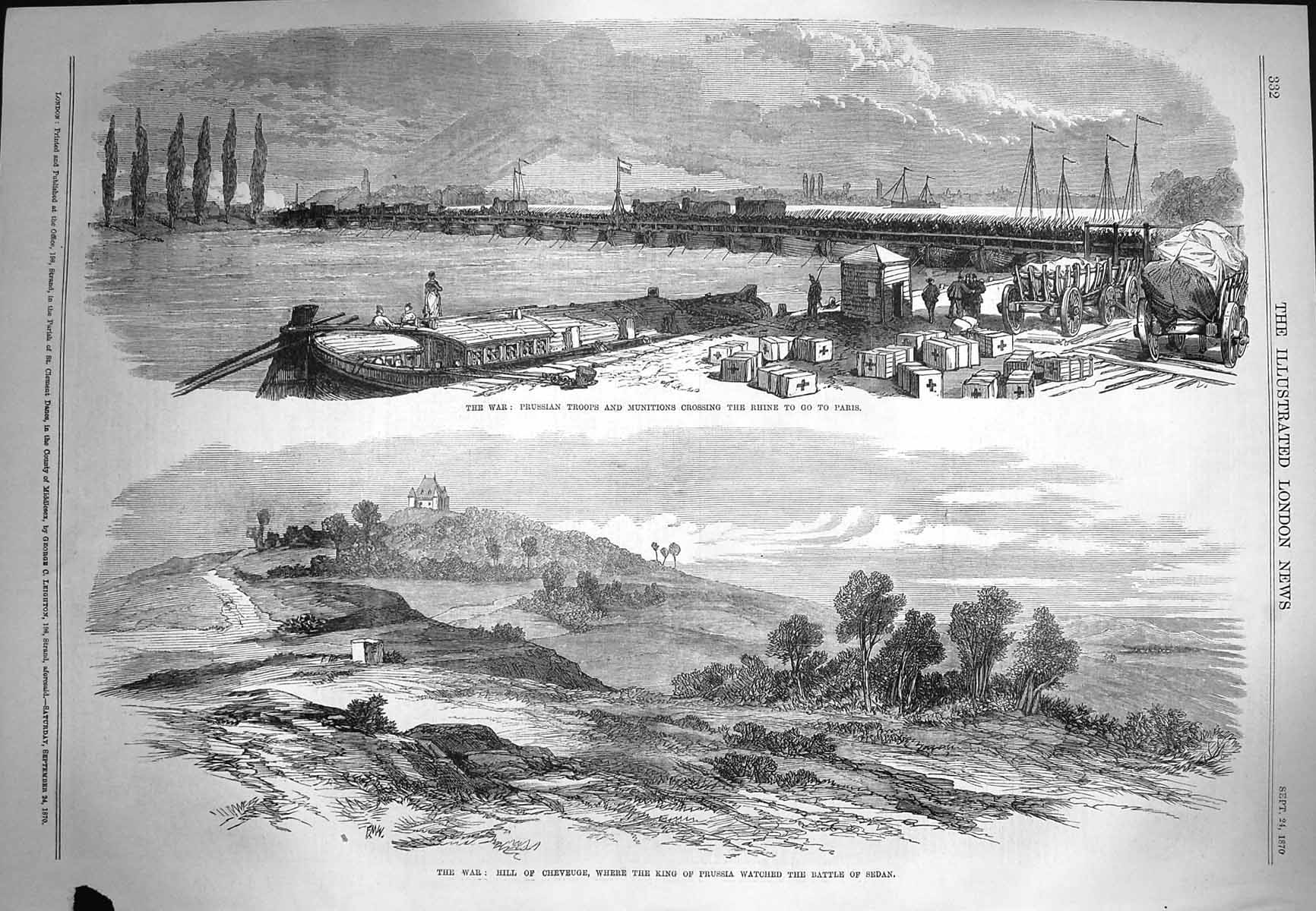 Original Old Antique Print 1870 War Prussian Siers Rhine Hill Cheveuge Sedan
