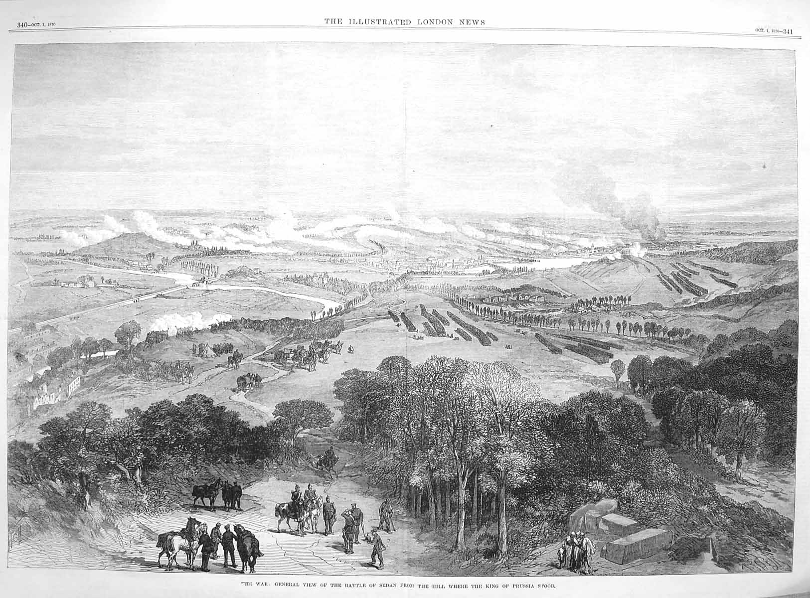 Original Old Antique Print 1870 War View Battle Sedan Hill King Prussia Siers