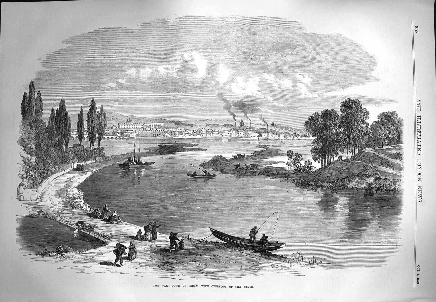 Old Antique Print 1870 War View Town Sedan Overflow River Meuse Fishing 19th