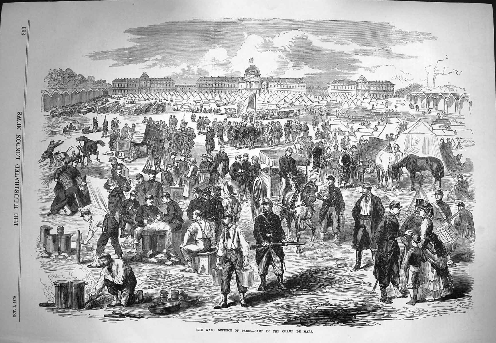 Original Old Antique Print 1870 War Defence Paris Camp Champ De Mars France