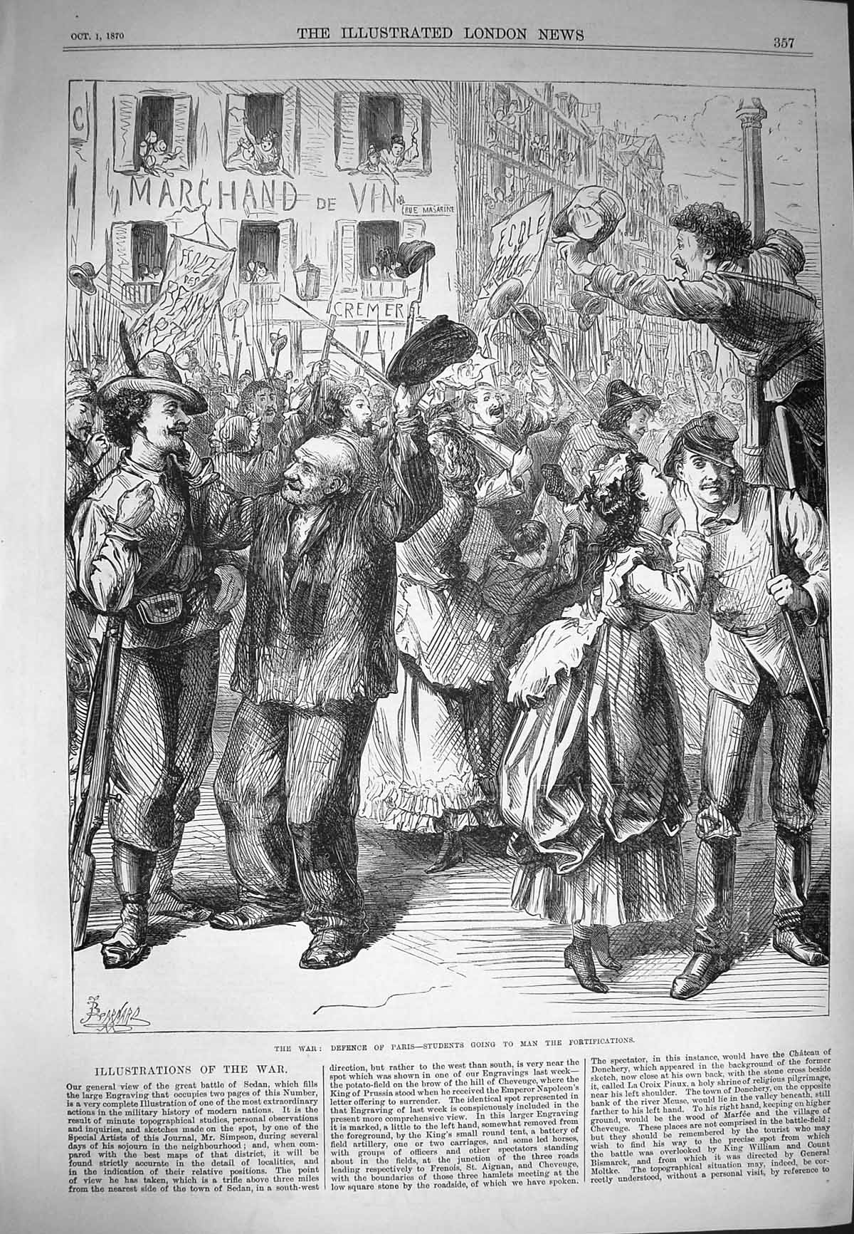 Original Old Antique Print 1870 War Defence Paris Students Man Fortifications