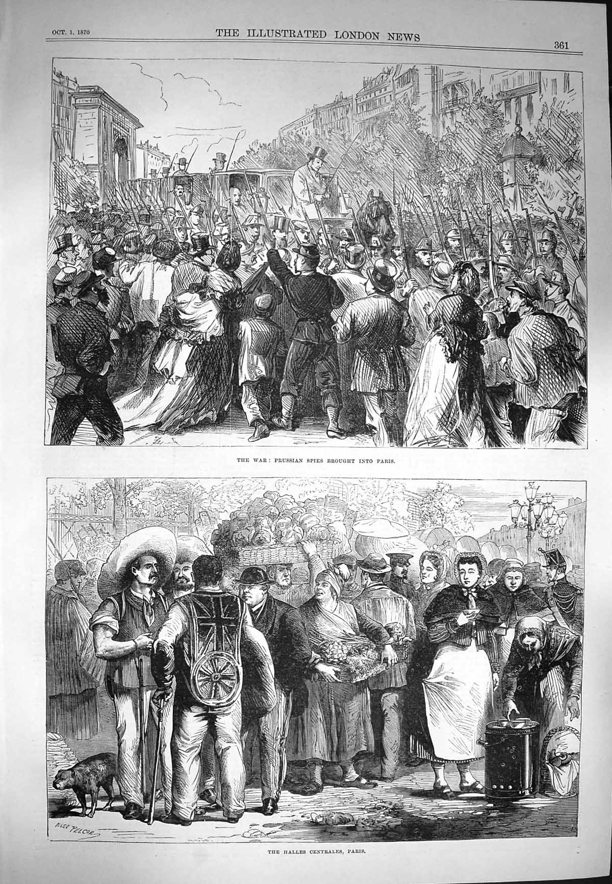 Original Old Antique Print 1870 Prussian Spies Paris Halles Centrales Siers War