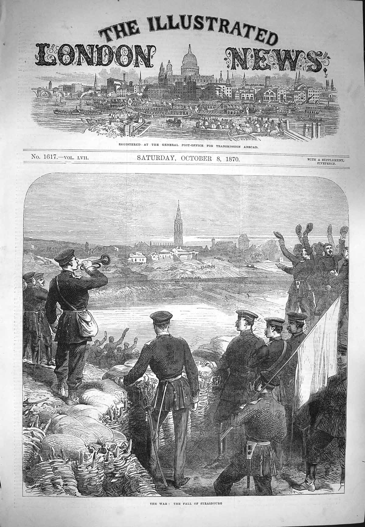 Original Old Antique Print 1870 War Scene Fall Strasbourg Siers River Victorian
