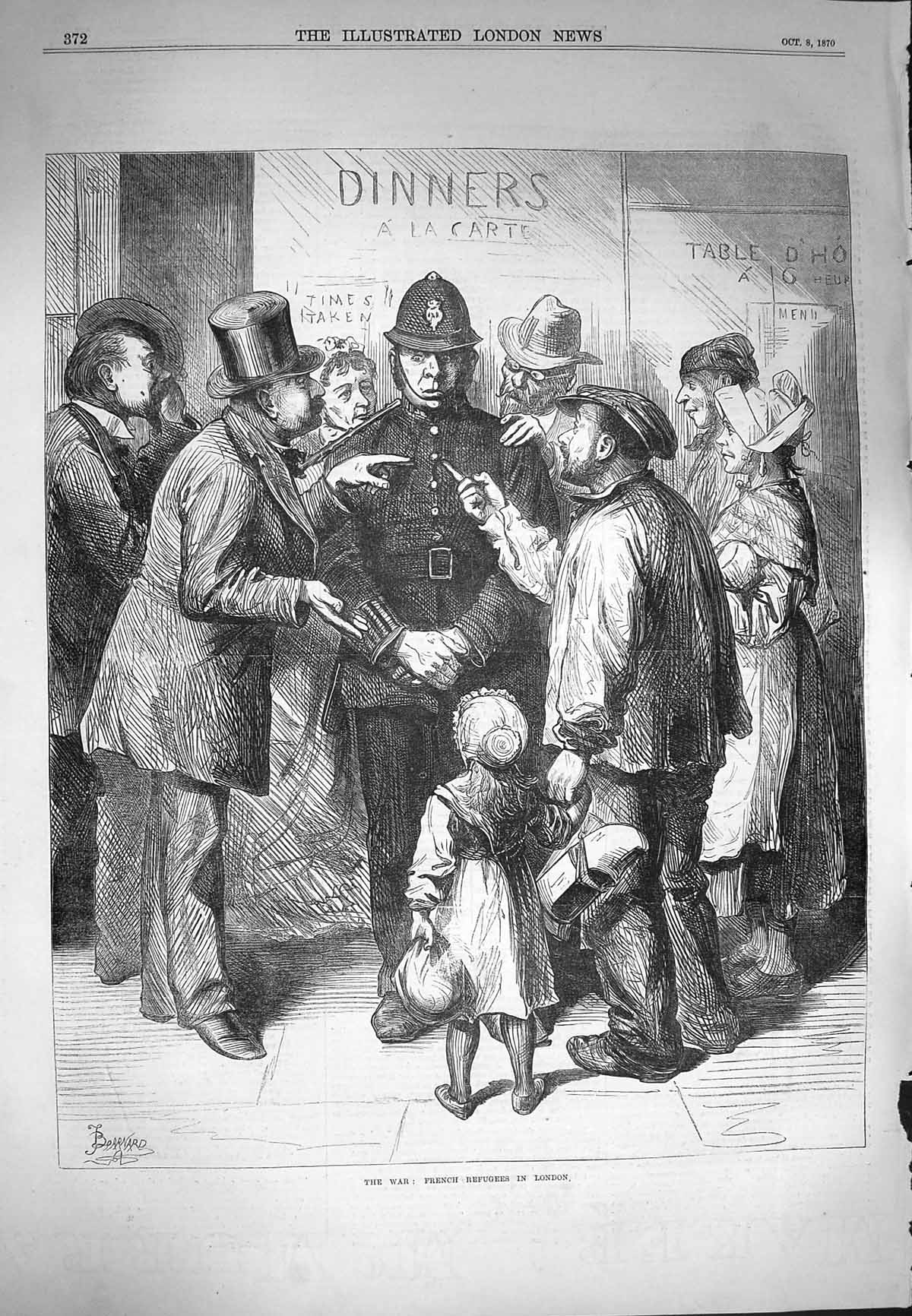 Original Old Antique Print 1870 War French Refugees London Policeman Victorian