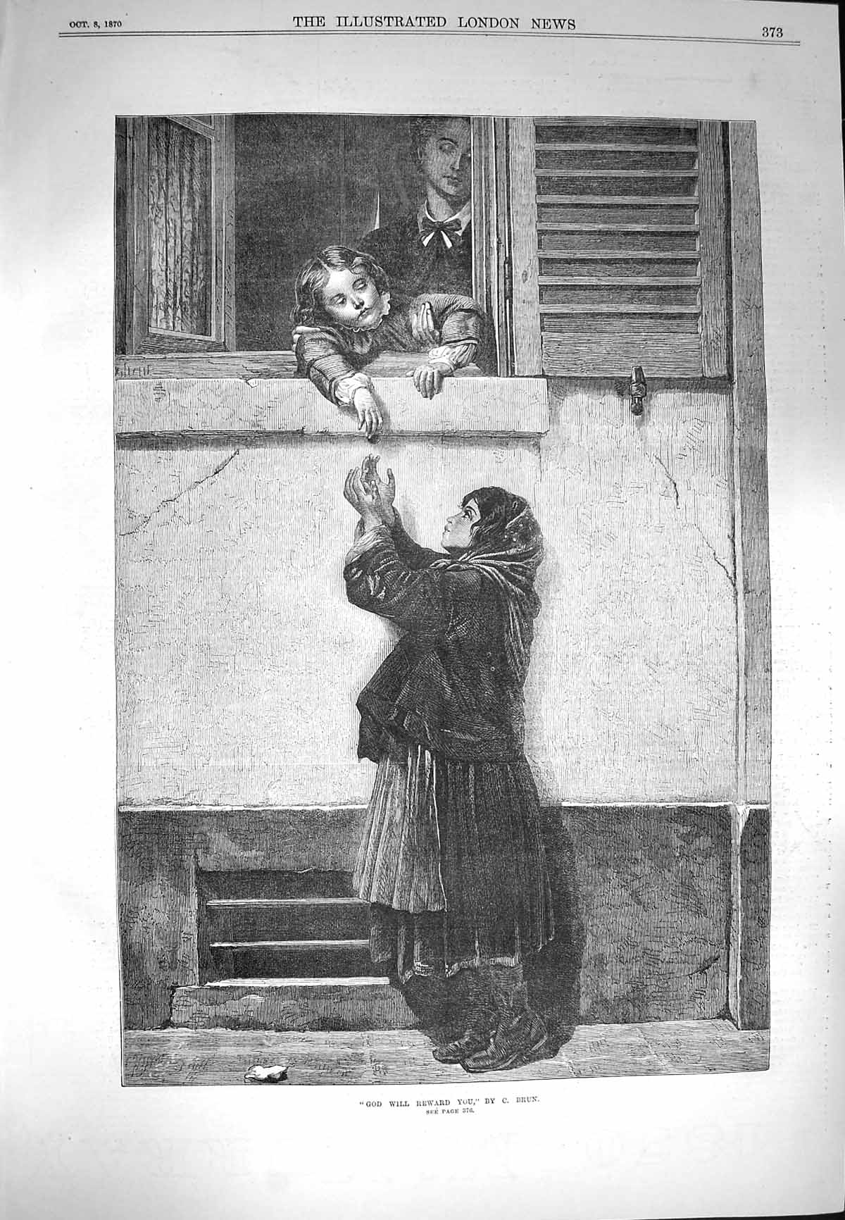 Original Old Antique Print 1870 God Will Reward You Children Window Poor Lady