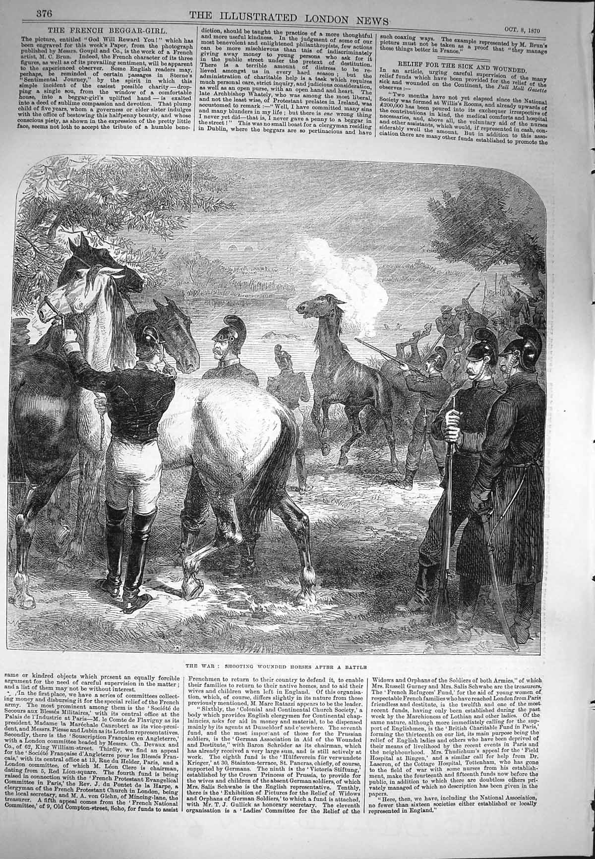 Original Old Antique Print 1870 War Scene Shooting Wounded Horses After 19th