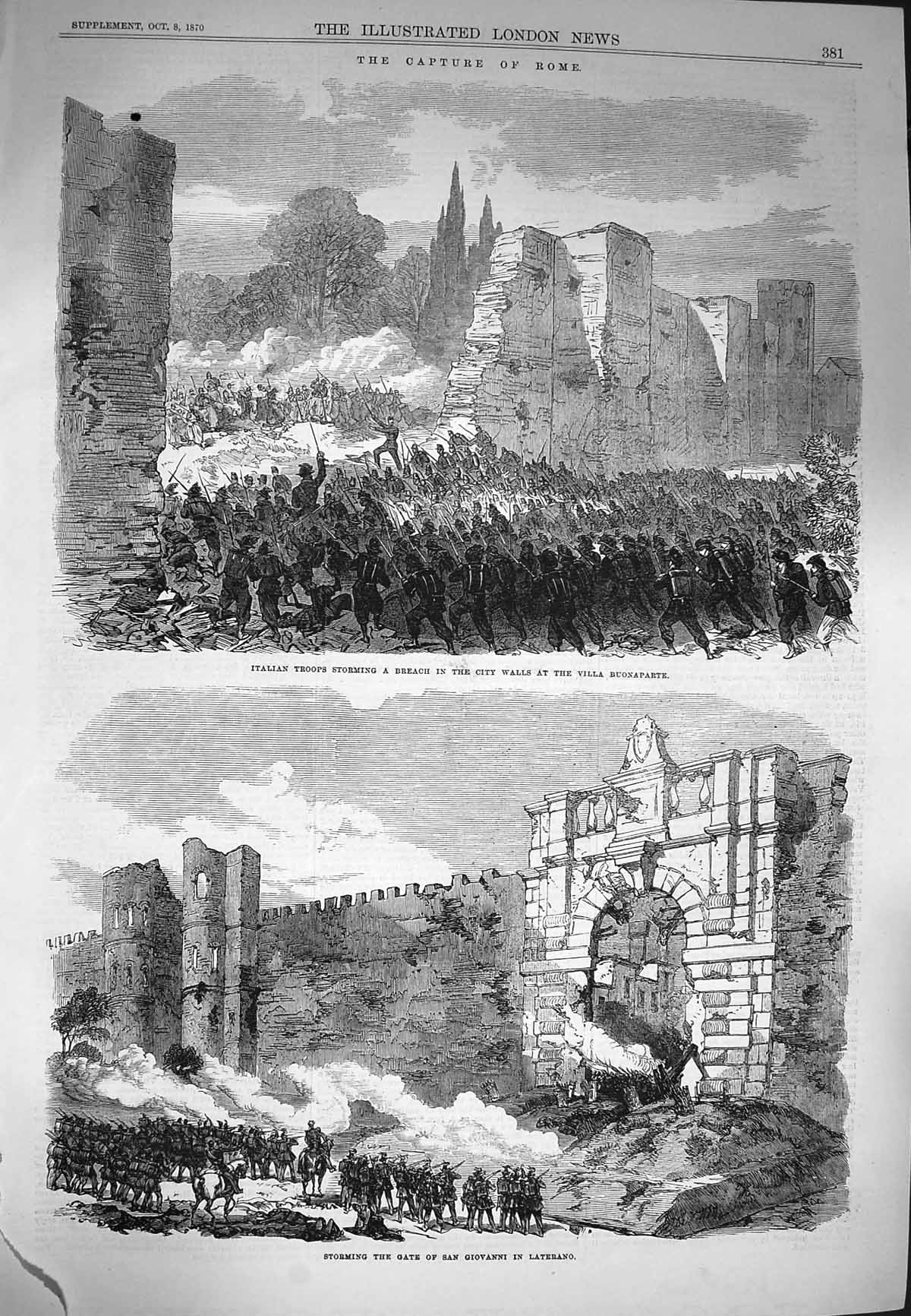 Old Antique Print 1870 Italian Troops Villa Buonaparte Giovanni Laterano 19th